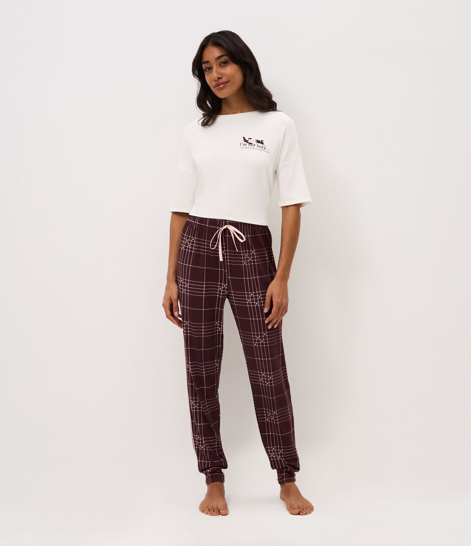 Calça de Pijama em Peach Touch com Estampa Xadrez Marrom 1