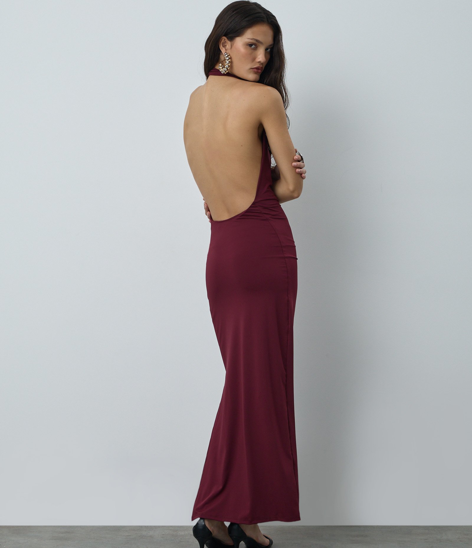 Vestido New Midi com Decote Profundo e Aviamento Vinho 4