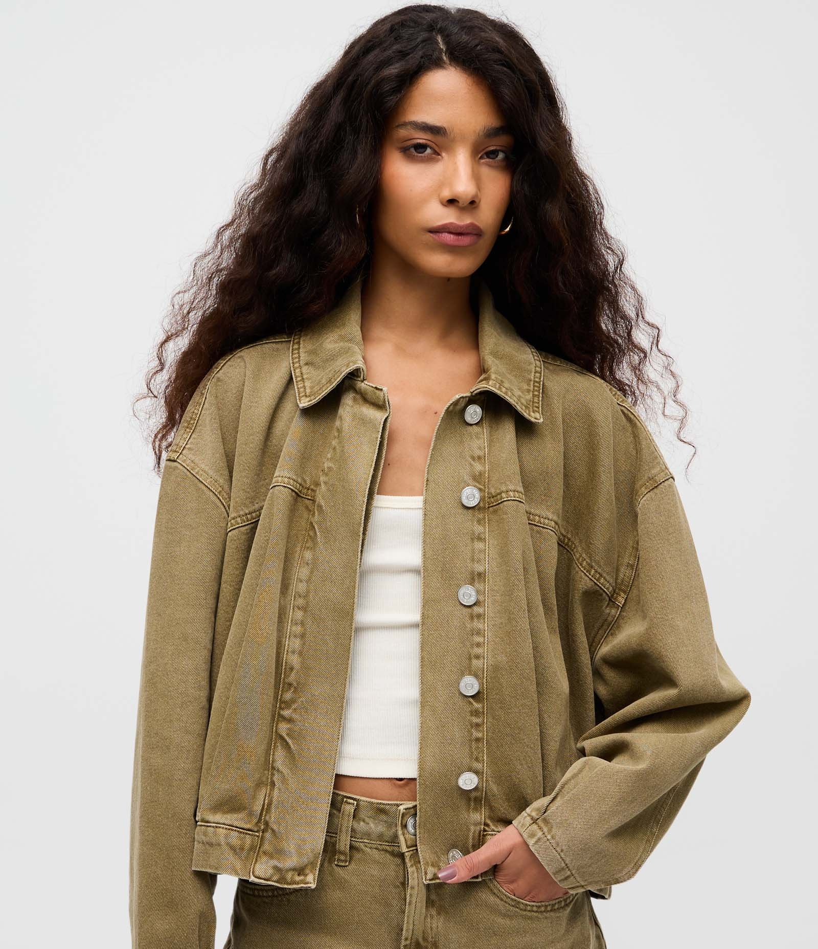 Jaqueta Bomber em Jeans com Pregas e Gola Polo Marrom Taupe 6