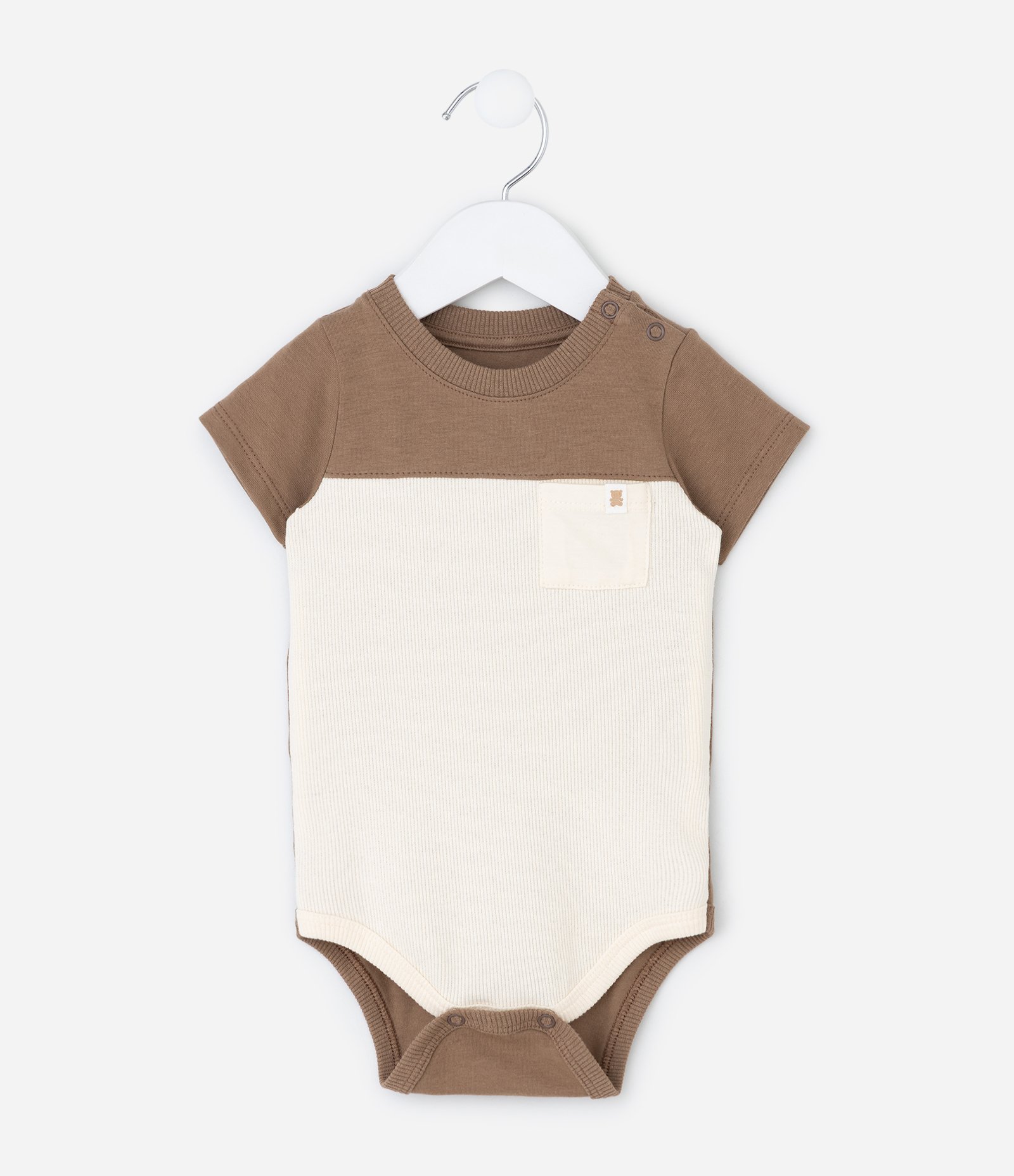 Body Bebê em Cotton Texturizado com Recorte e Bolsinho – Tam 0 a 18 Meses Marrom/Off White 2