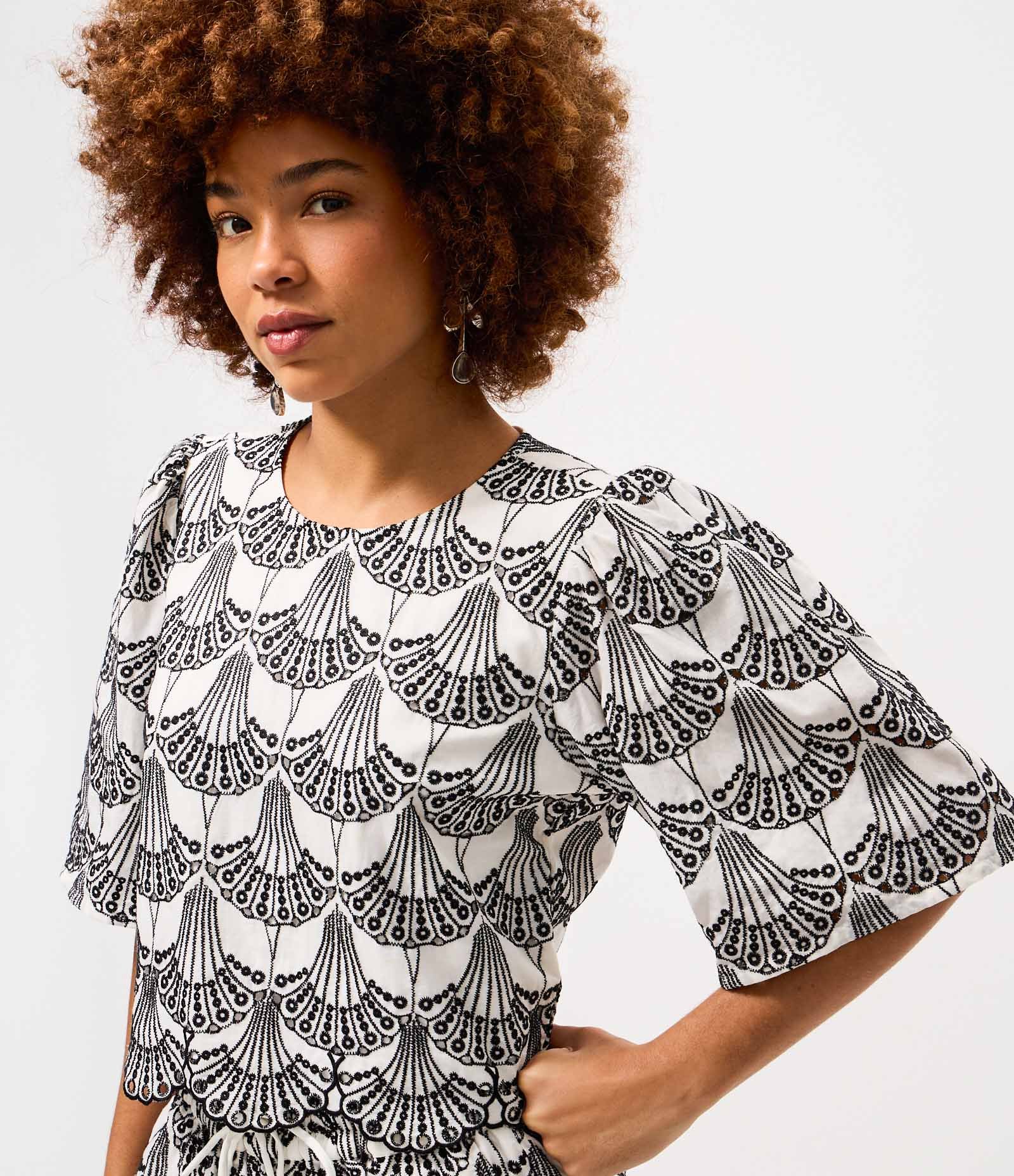 Blusa Boxy Curta em Laise com Barra Ondulada e Bordado Geométrico Off White 3