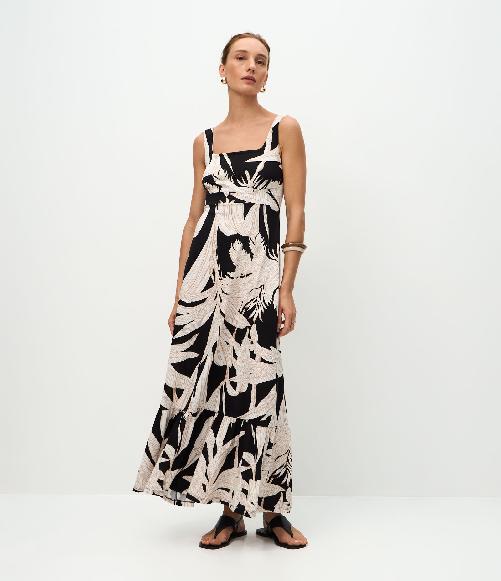 Vestido Longo em Cotton com Estampa Floral Branco/Preto 1