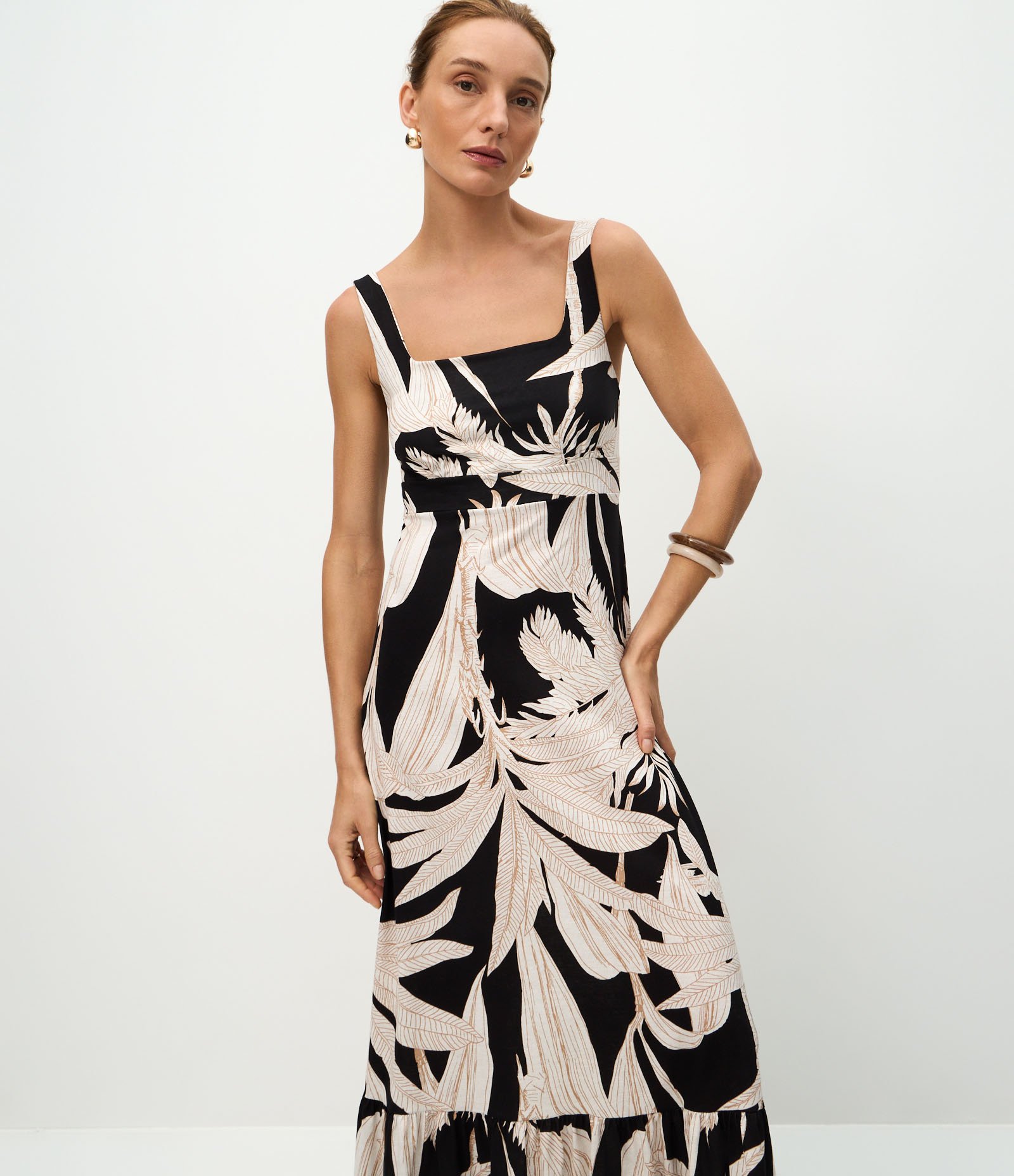 Vestido Longo em Cotton com Estampa Floral Branco/Preto 2
