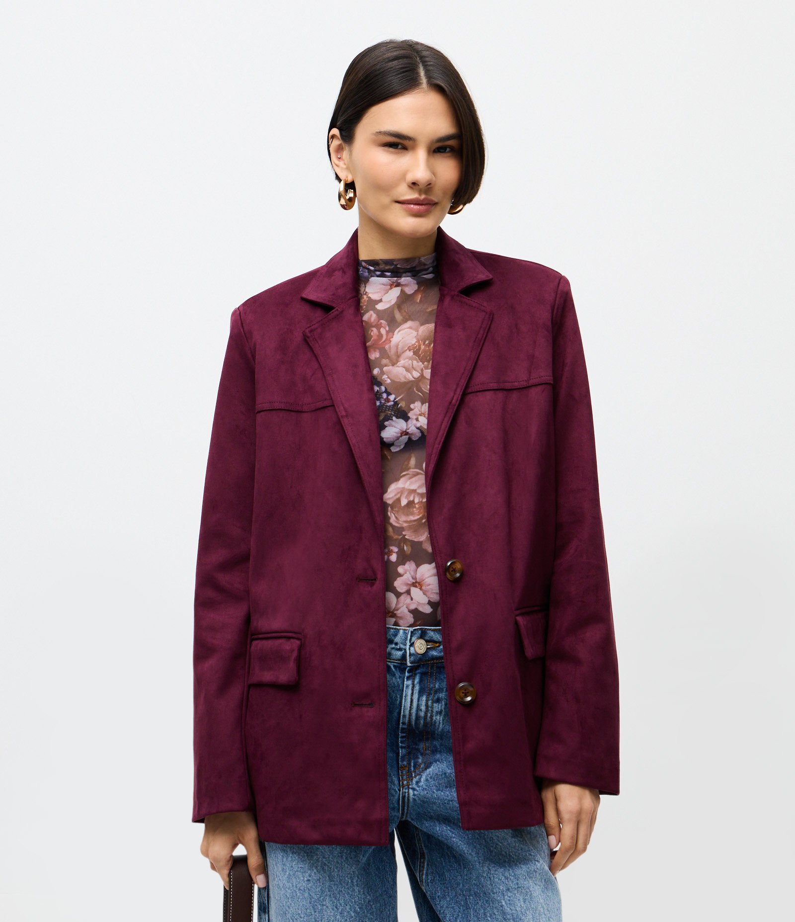 Blazer em Suede com Bolsos e Gola Estruturada Vinho 1