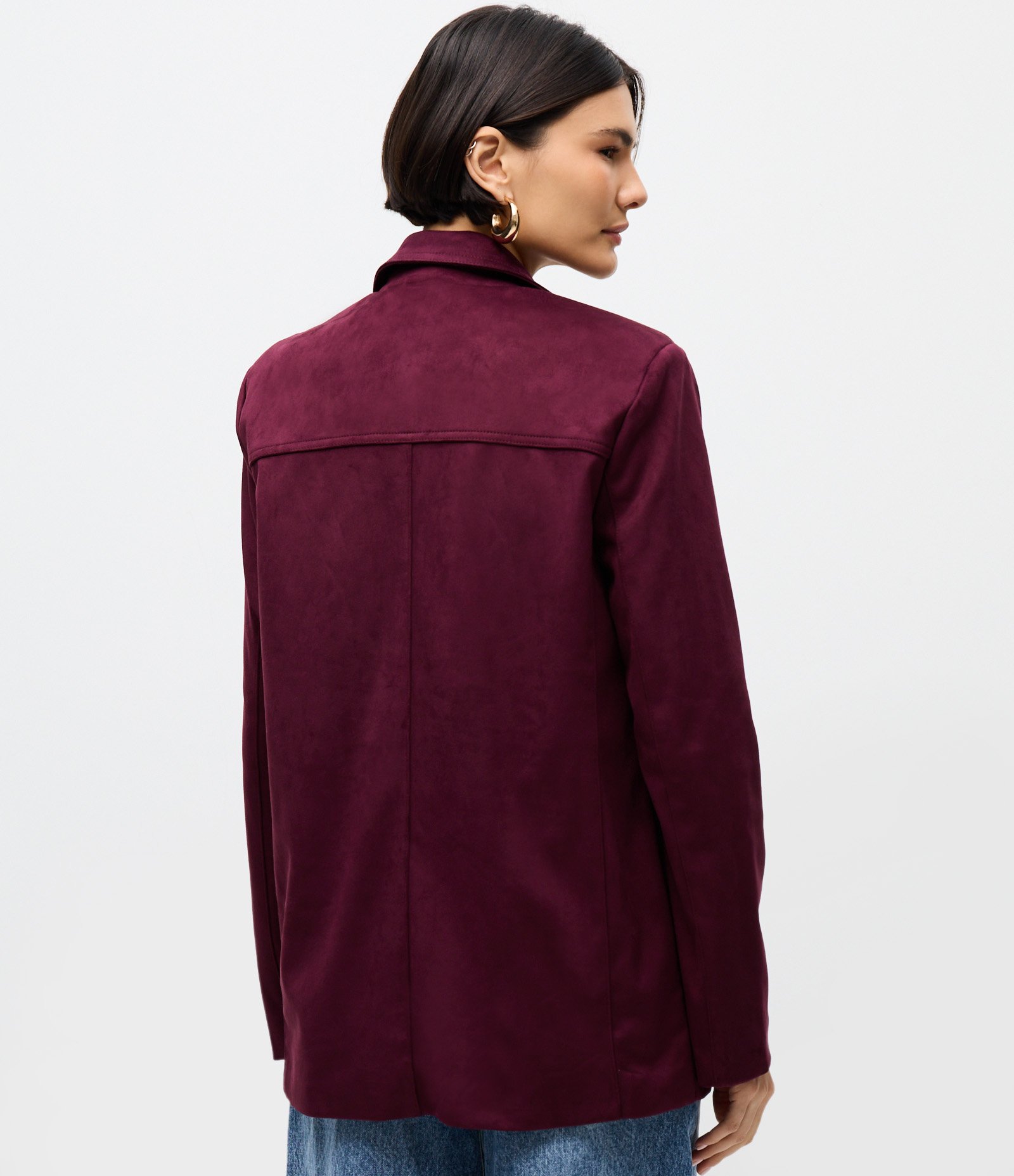 Blazer em Suede com Bolsos e Gola Estruturada Vinho 4