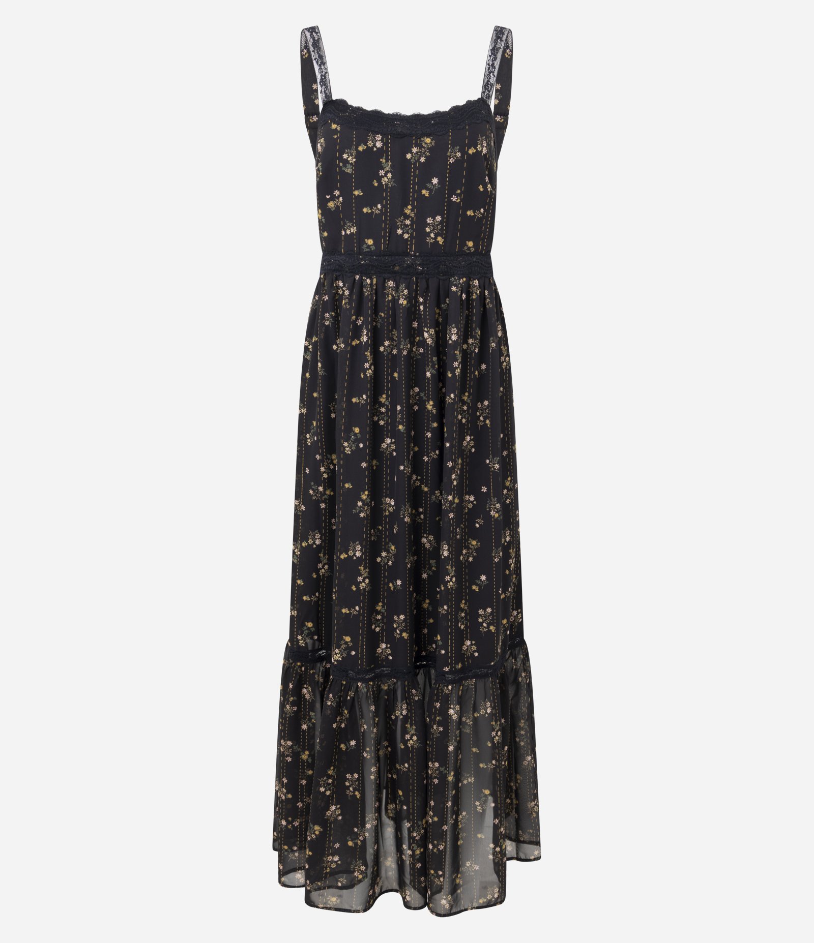 Vestido Midi Longo Estampa Étnica com Alças Finas Preto 1