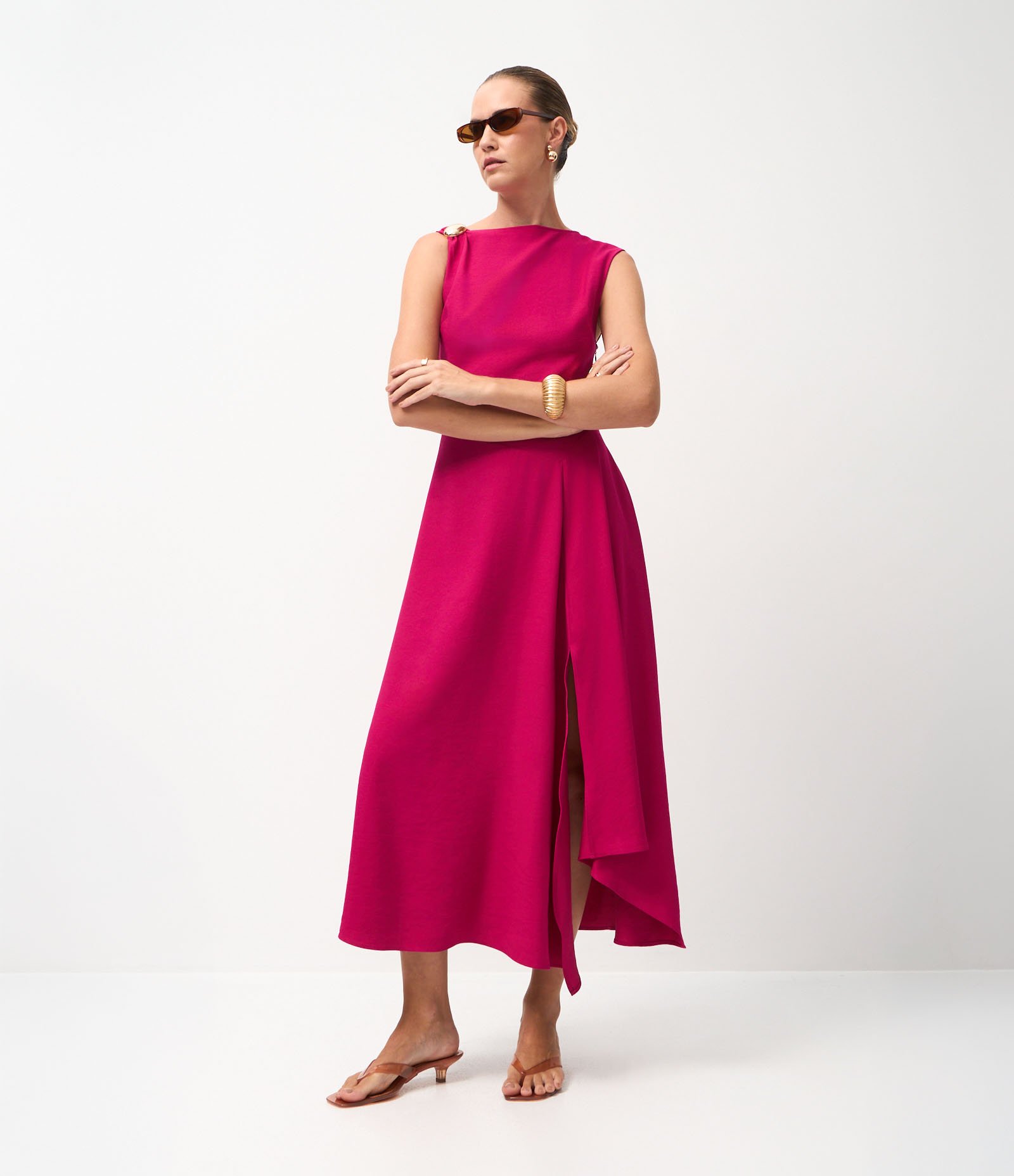 Vestido Midi Alfaiatado com Aviamento no Ombro Rosa 2