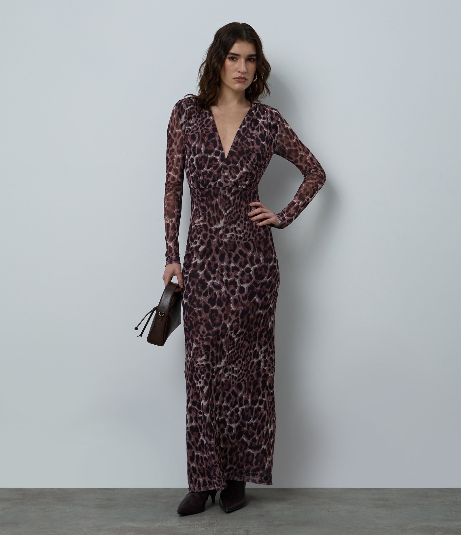 Vestido Animal Print em Tule com Manga Longa Marrom 1