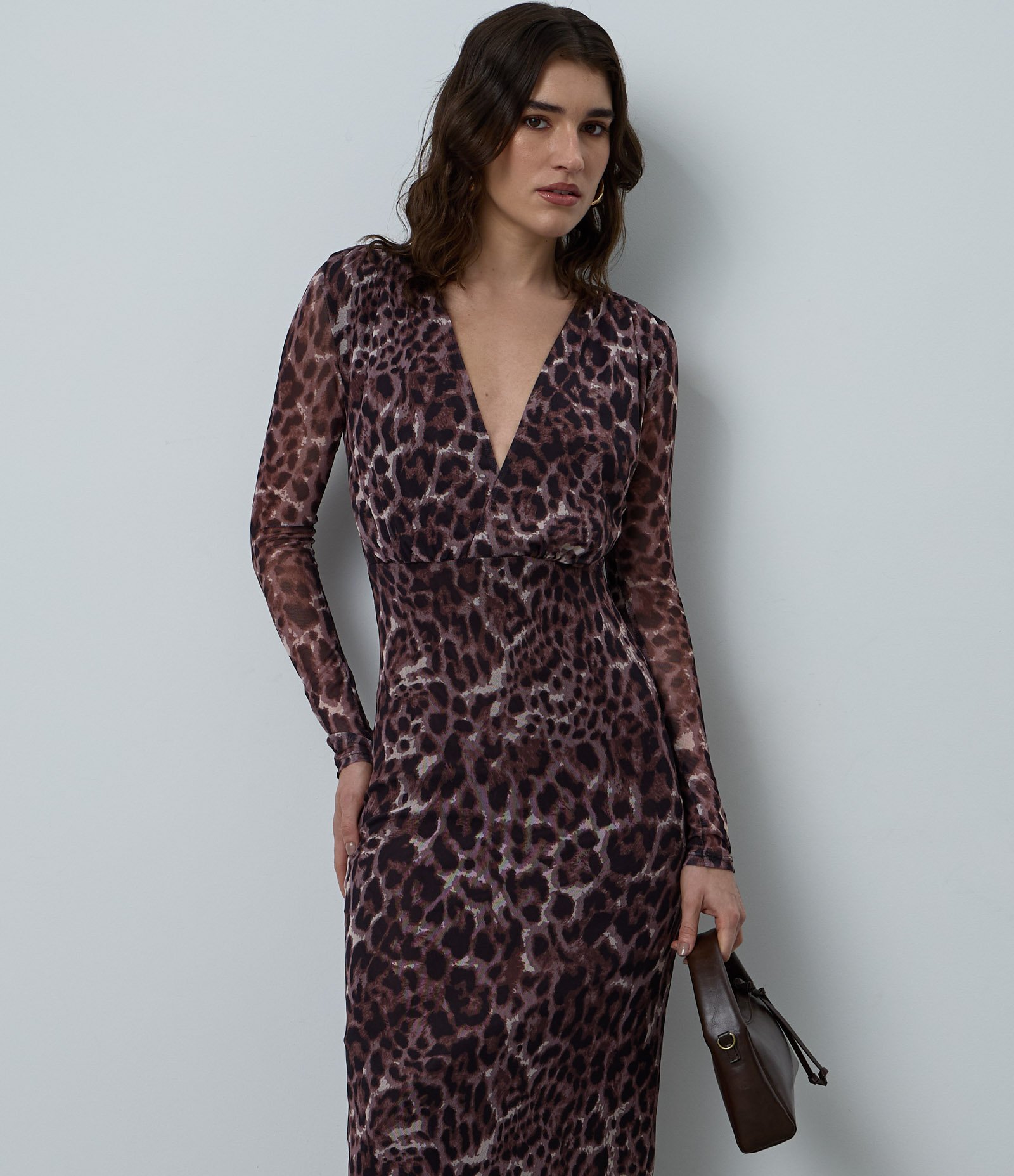 Vestido Animal Print em Tule com Manga Longa Marrom 2