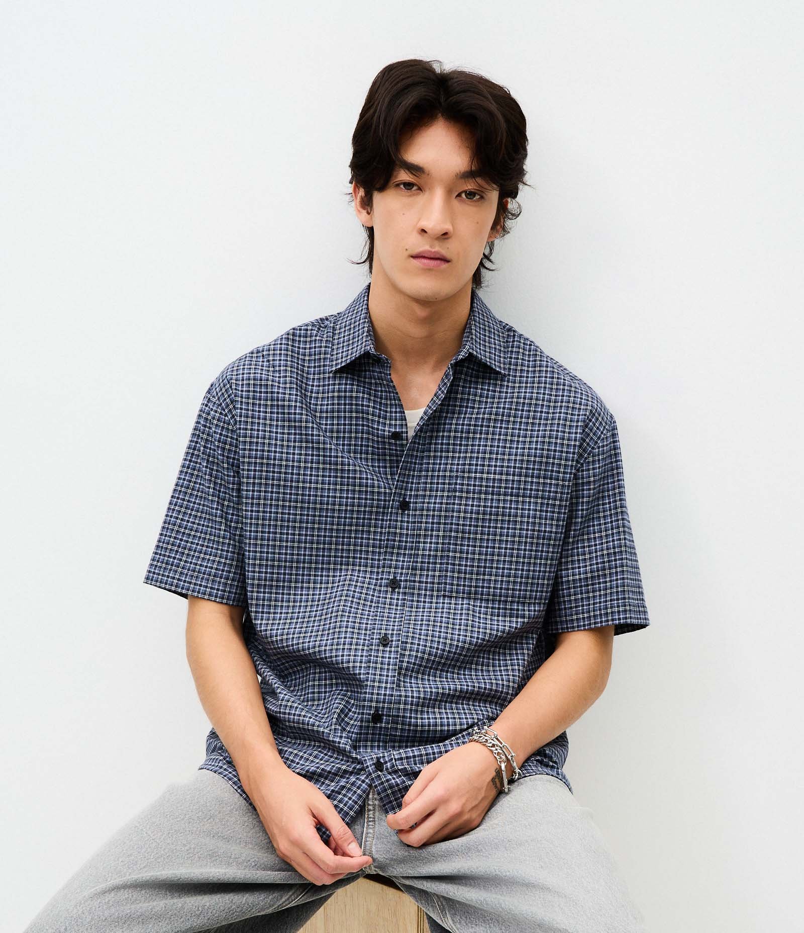 Camisa Manga Curta em Tricoline Xadrez Preto 4