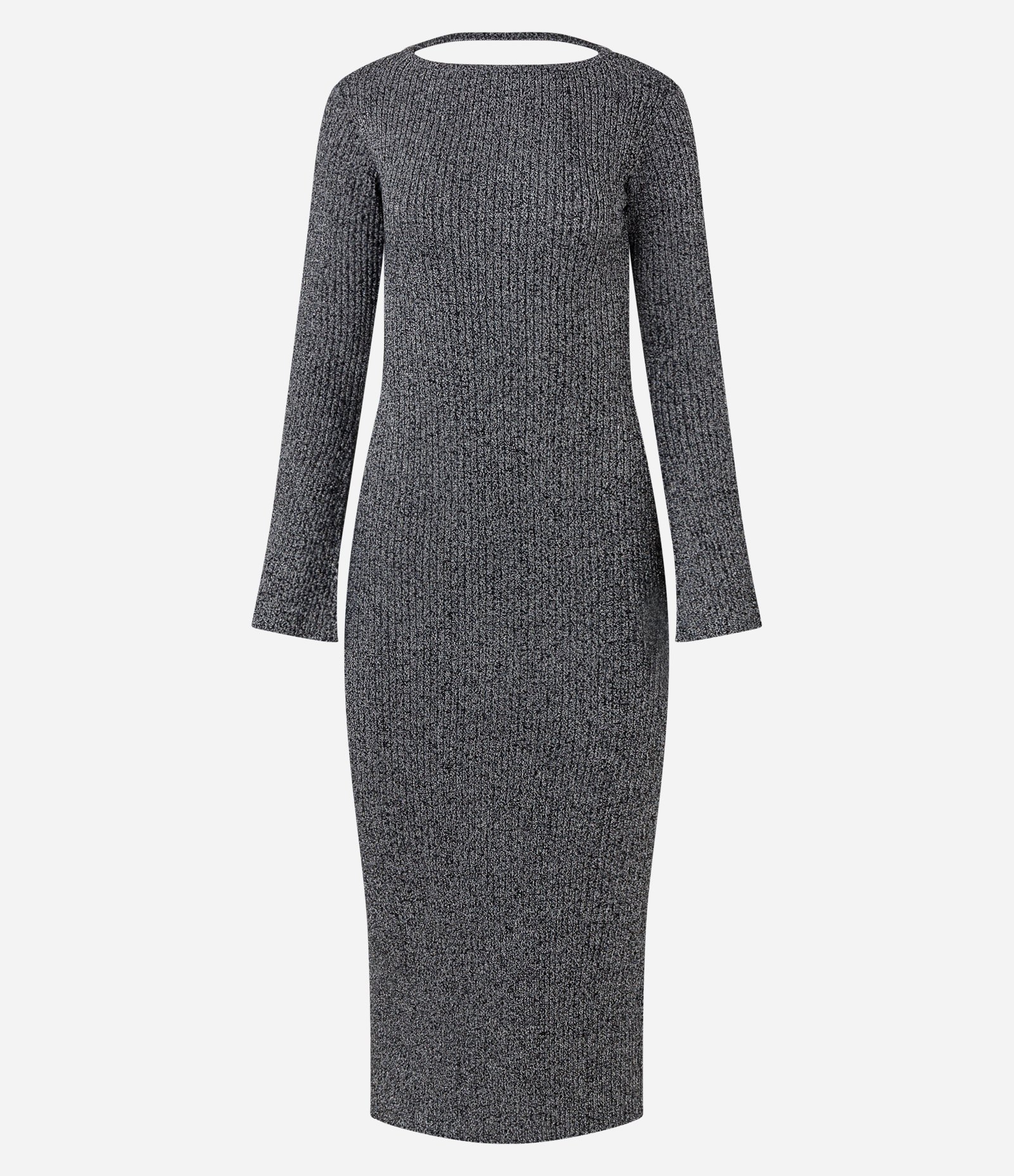 Vestido Midi Canelado com Abertura nas Costas e Efeito Metálico Cinza Escuro 1