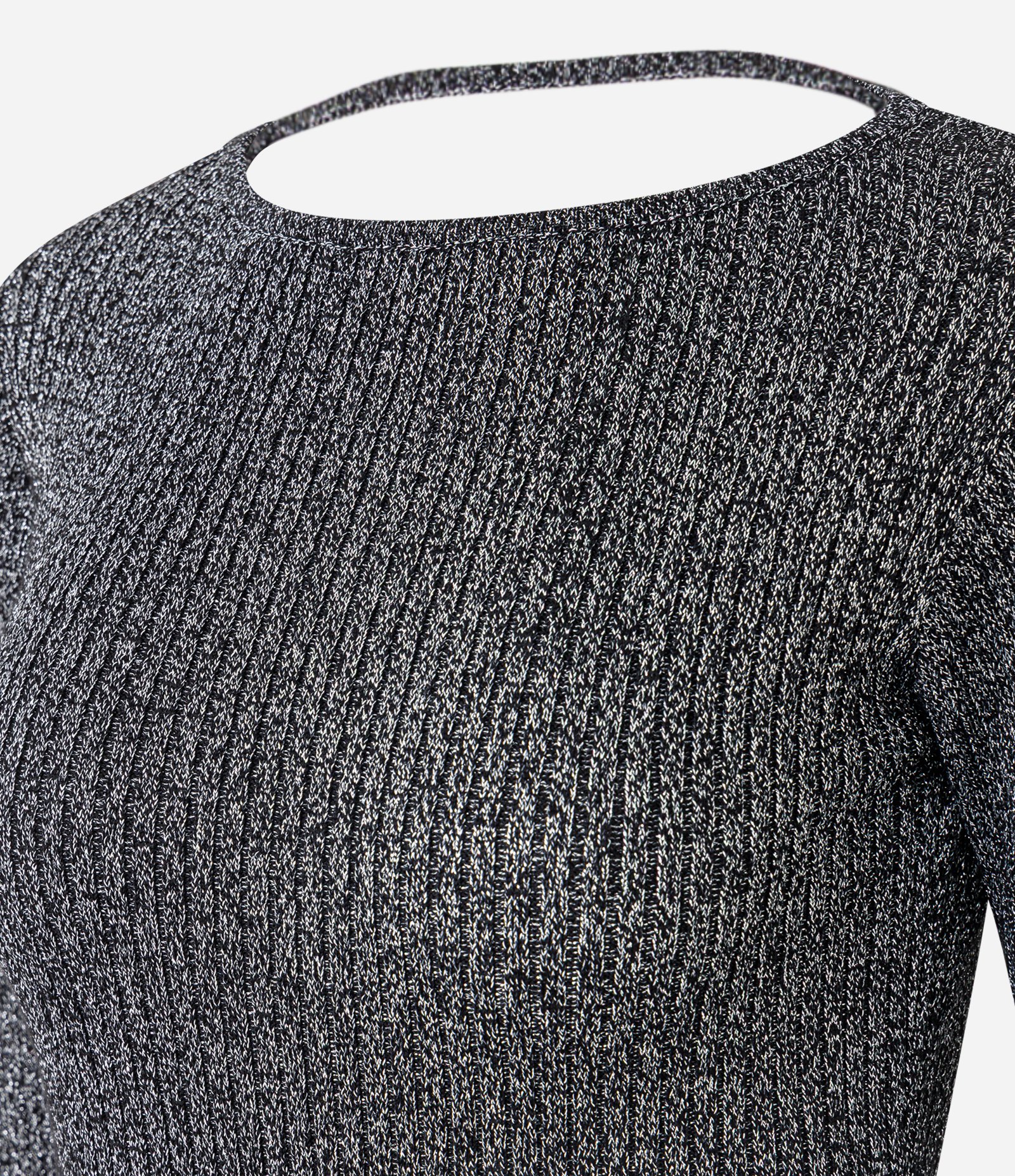 Vestido Midi Canelado com Abertura nas Costas e Efeito Metálico Cinza Escuro 2