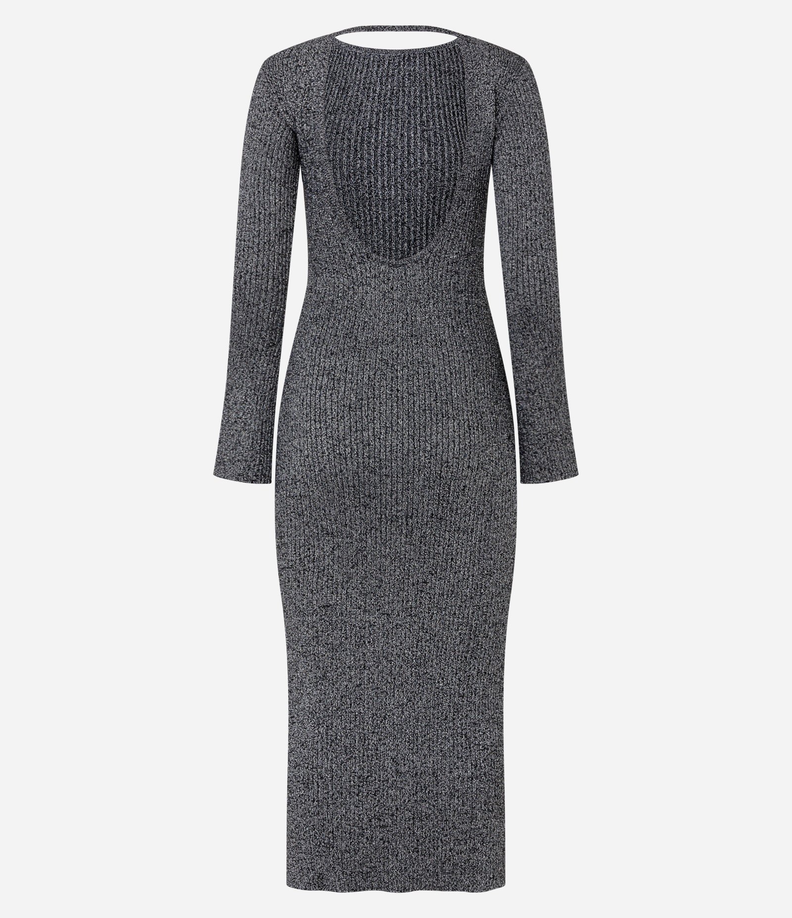 Vestido Midi Canelado com Abertura nas Costas e Efeito Metálico Cinza Escuro 3