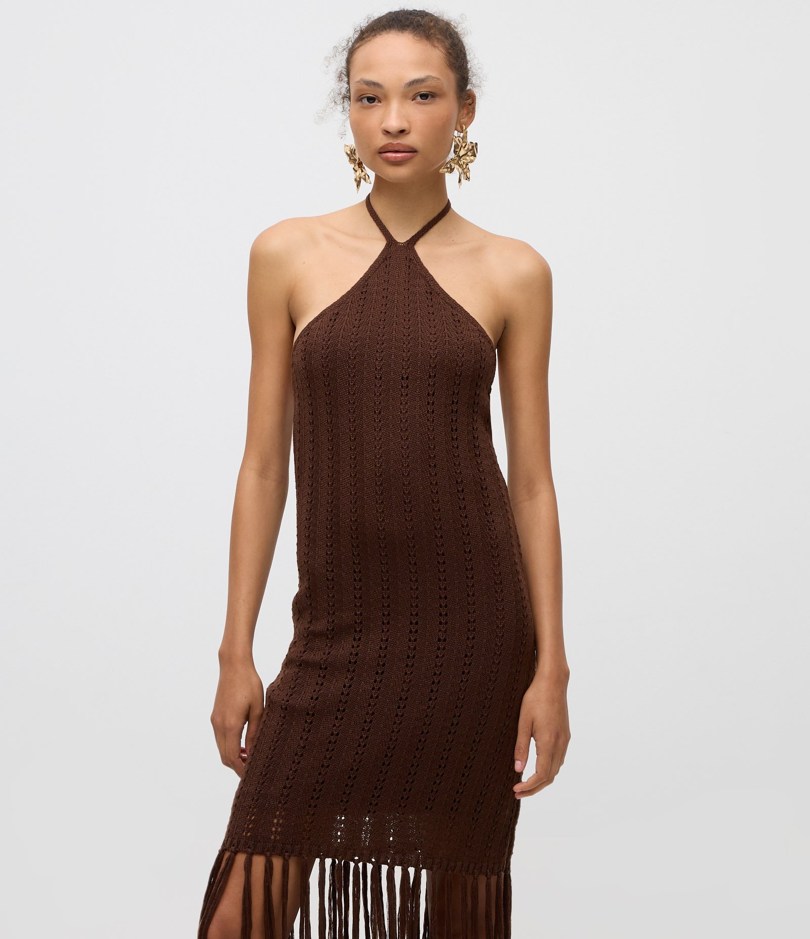 Vestido em Tricô Sem Manga com Franja na Barra Marrom 2