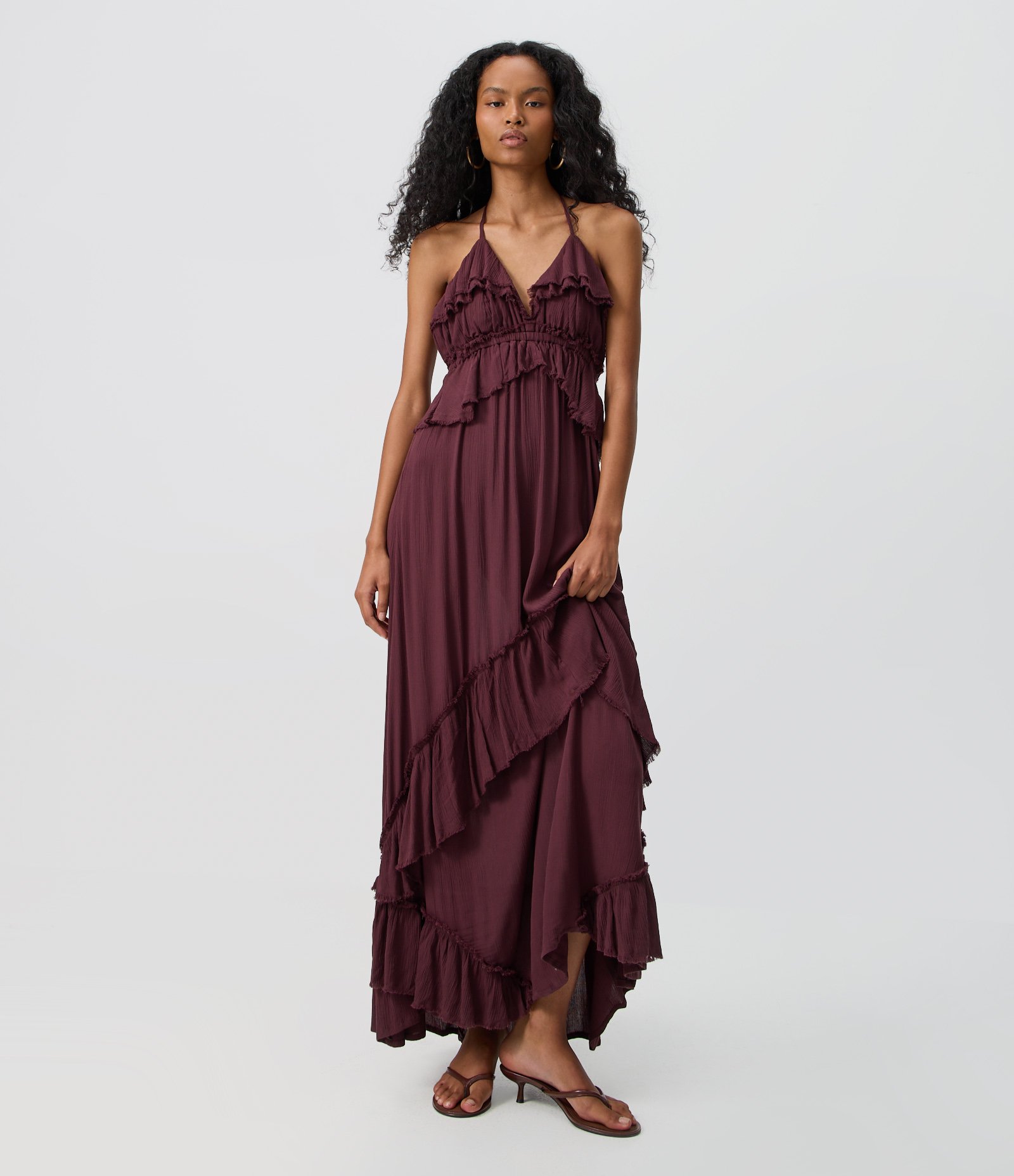 Vestido Longo com Babados e Amarração no Pescoço Bordô 1