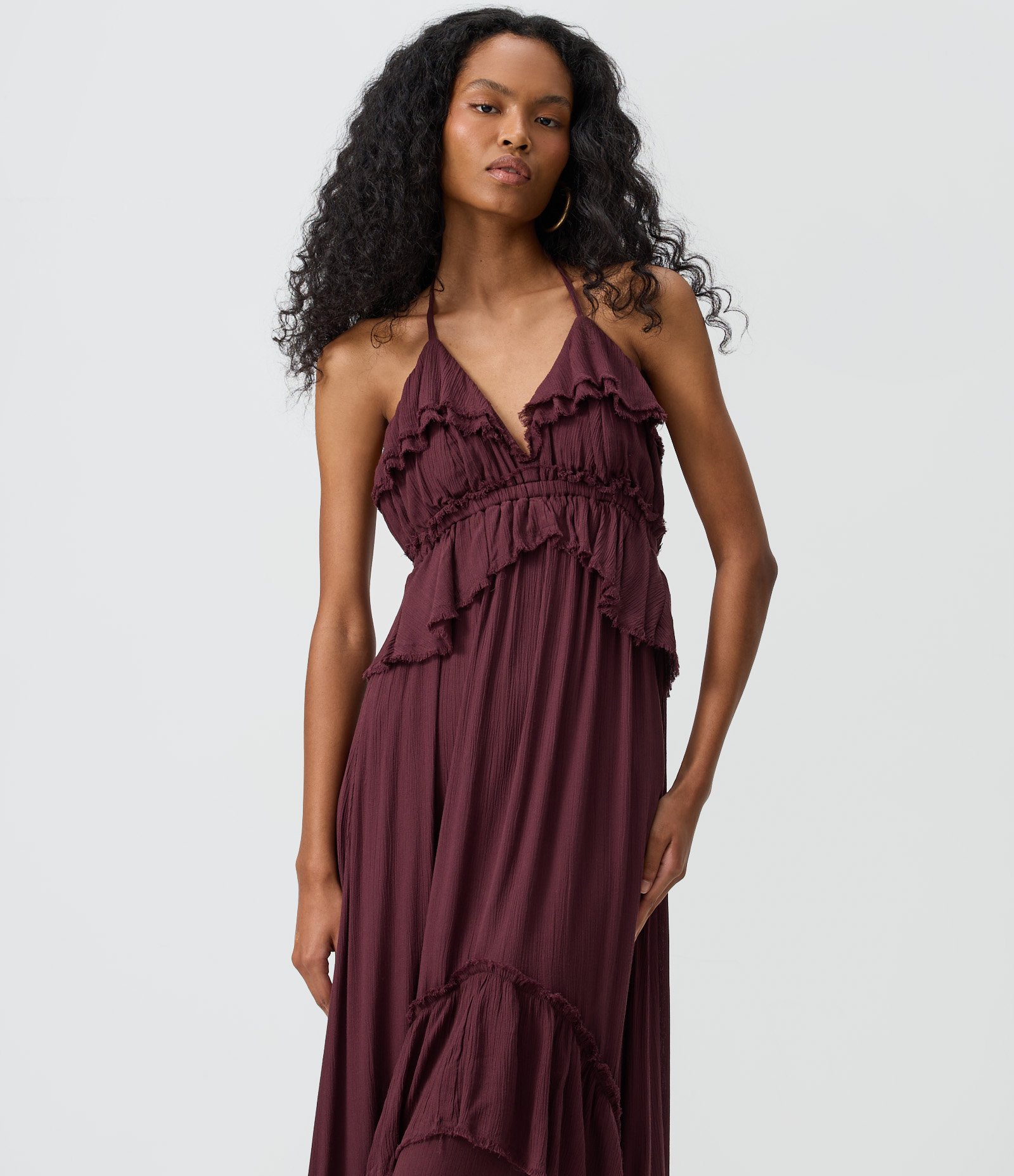 Vestido Longo com Babados e Amarração no Pescoço Bordô 2