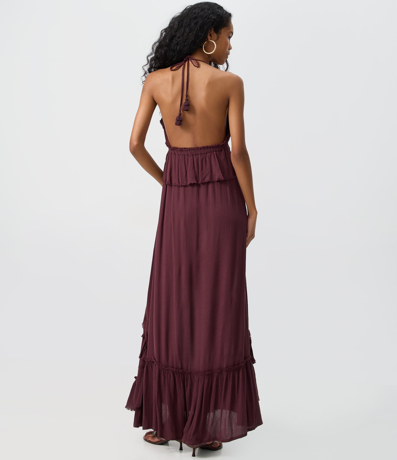 Vestido Longo com Babados e Amarração no Pescoço Bordô 4