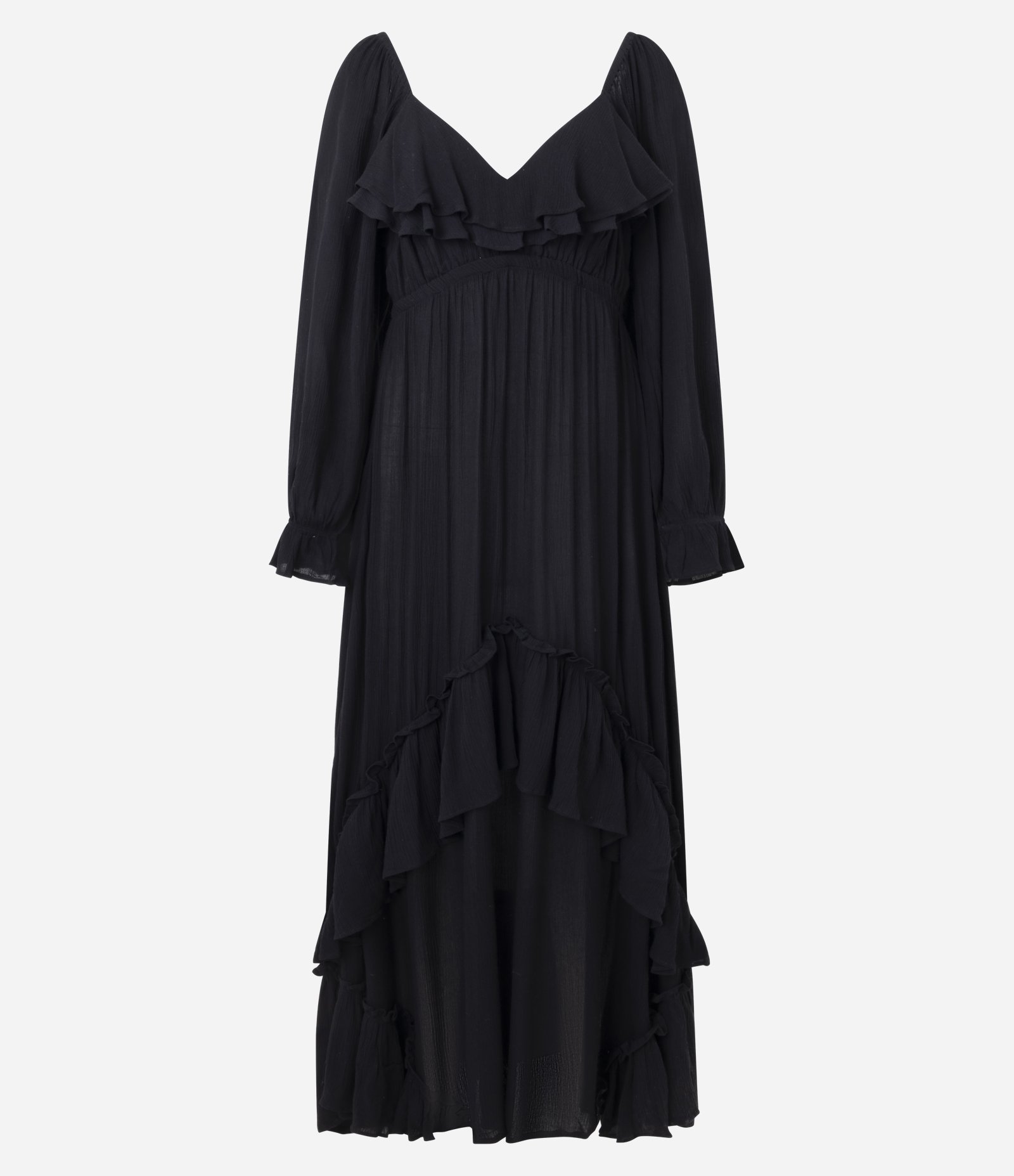 Vestido Longo Texturizado em Crinckle com Babados e Manga Bufante Preto 1