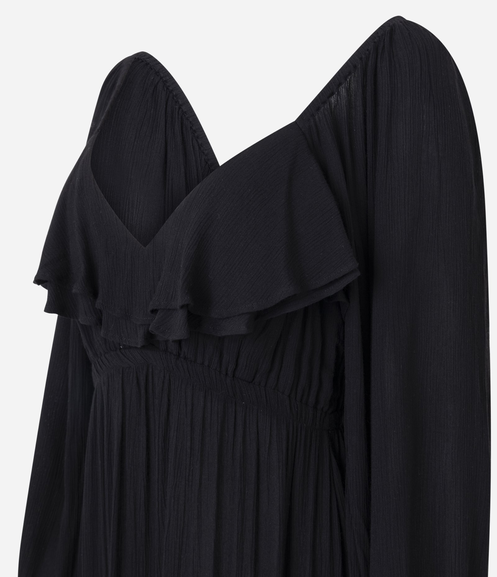 Vestido Longo Texturizado em Crinckle com Babados e Manga Bufante Preto 2