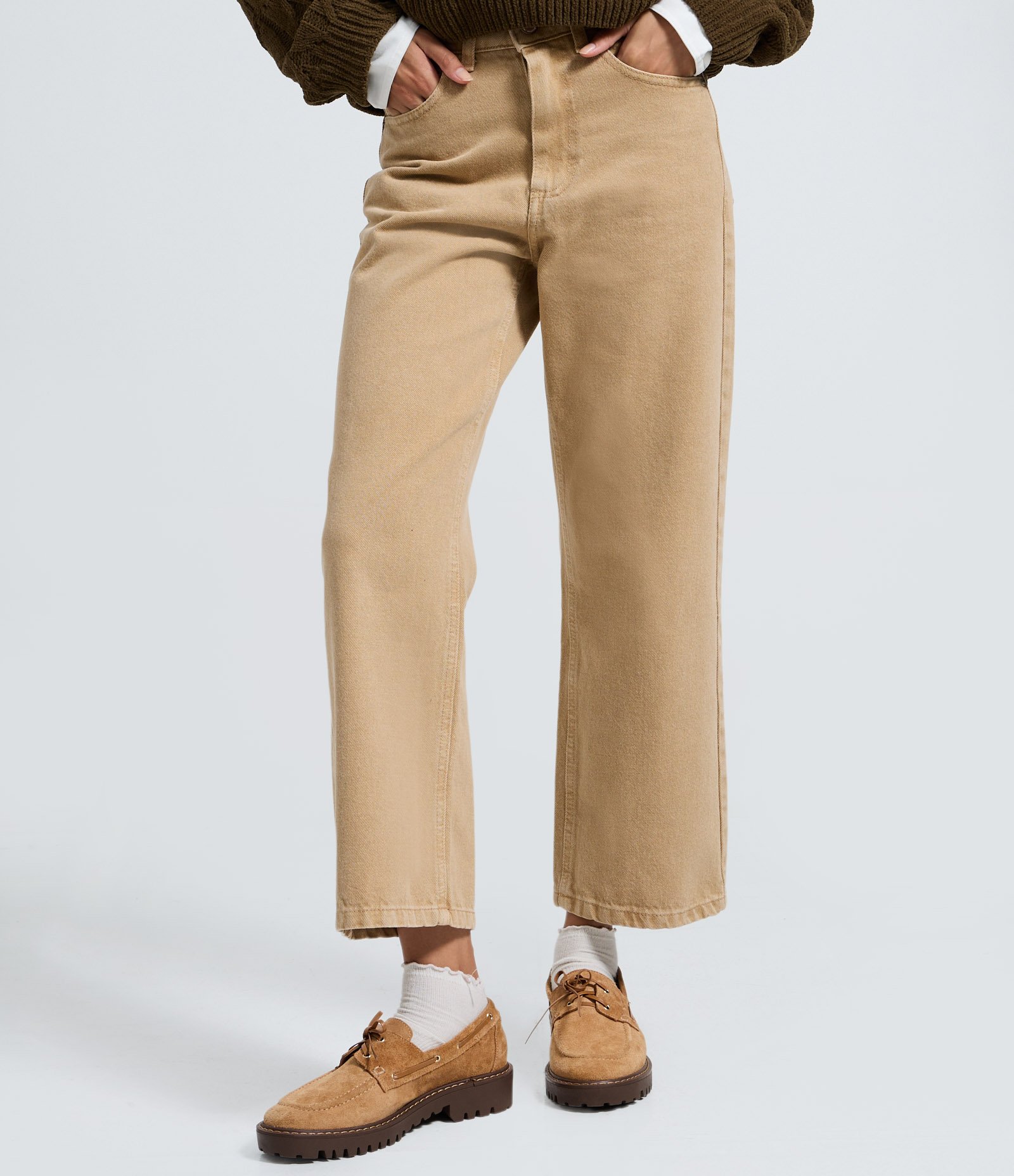 Calça Reta Cropped em Sarja com Cintura Alta Marrom Claro 3