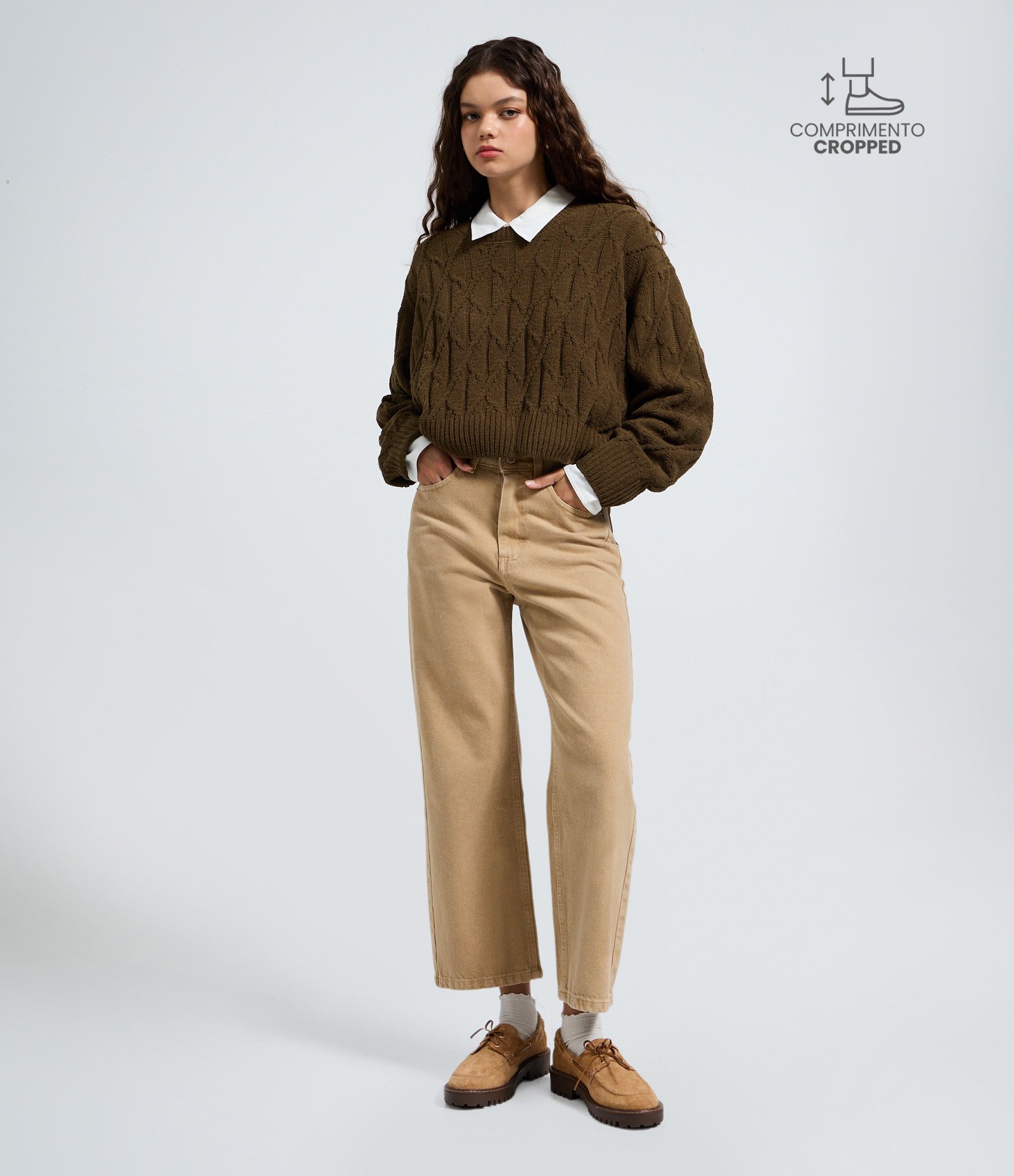 Calça Reta Cropped em Sarja com Cintura Alta Marrom Claro 1