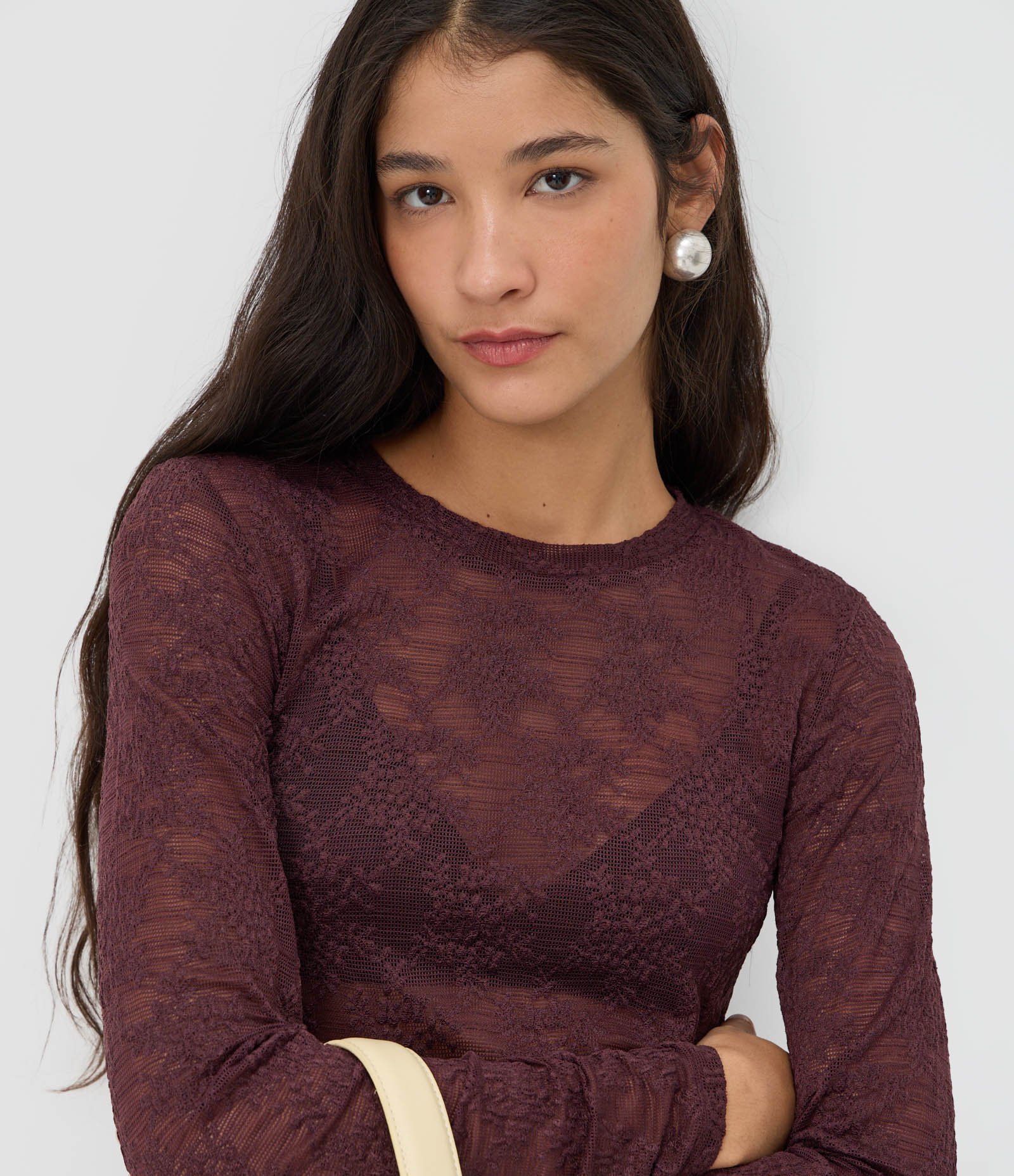 Blusa Slim Manga Longa em Renda Floral Vinho 3