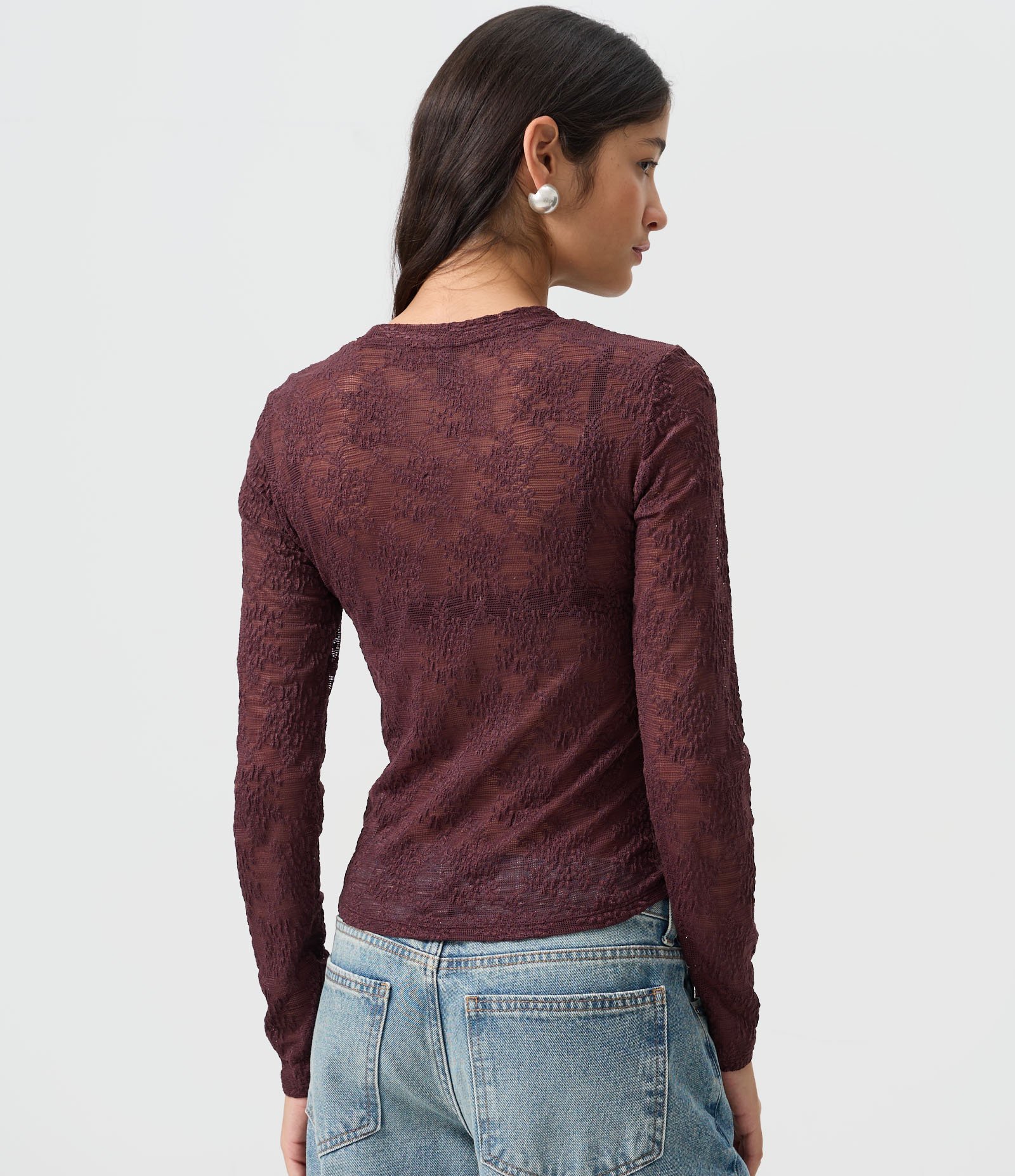 Blusa Slim Manga Longa em Renda Floral Vinho 4