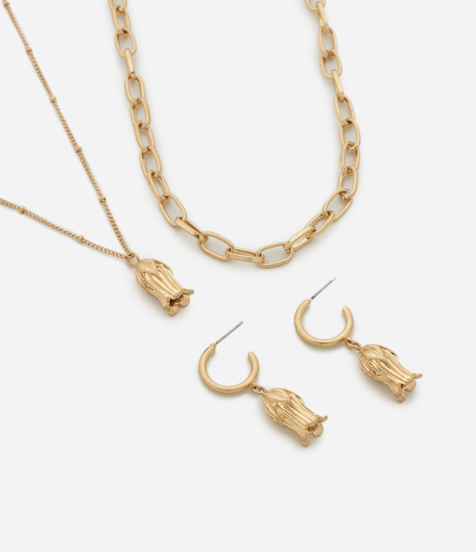 Conjunto de Colar Camadas e Brinco com Pingente de Flor Dourado 2