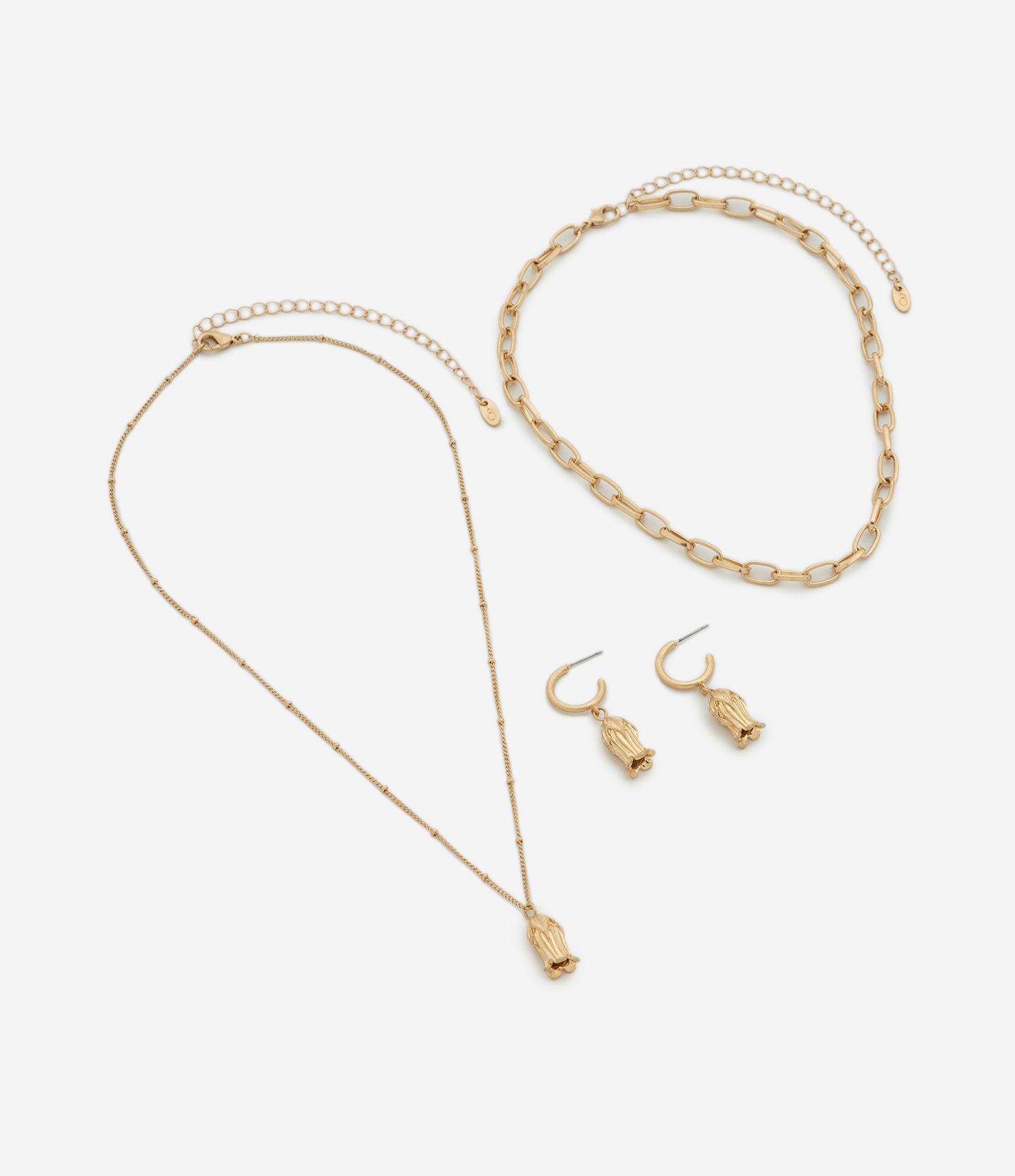 Conjunto de Colar Camadas e Brinco com Pingente de Flor Dourado 3
