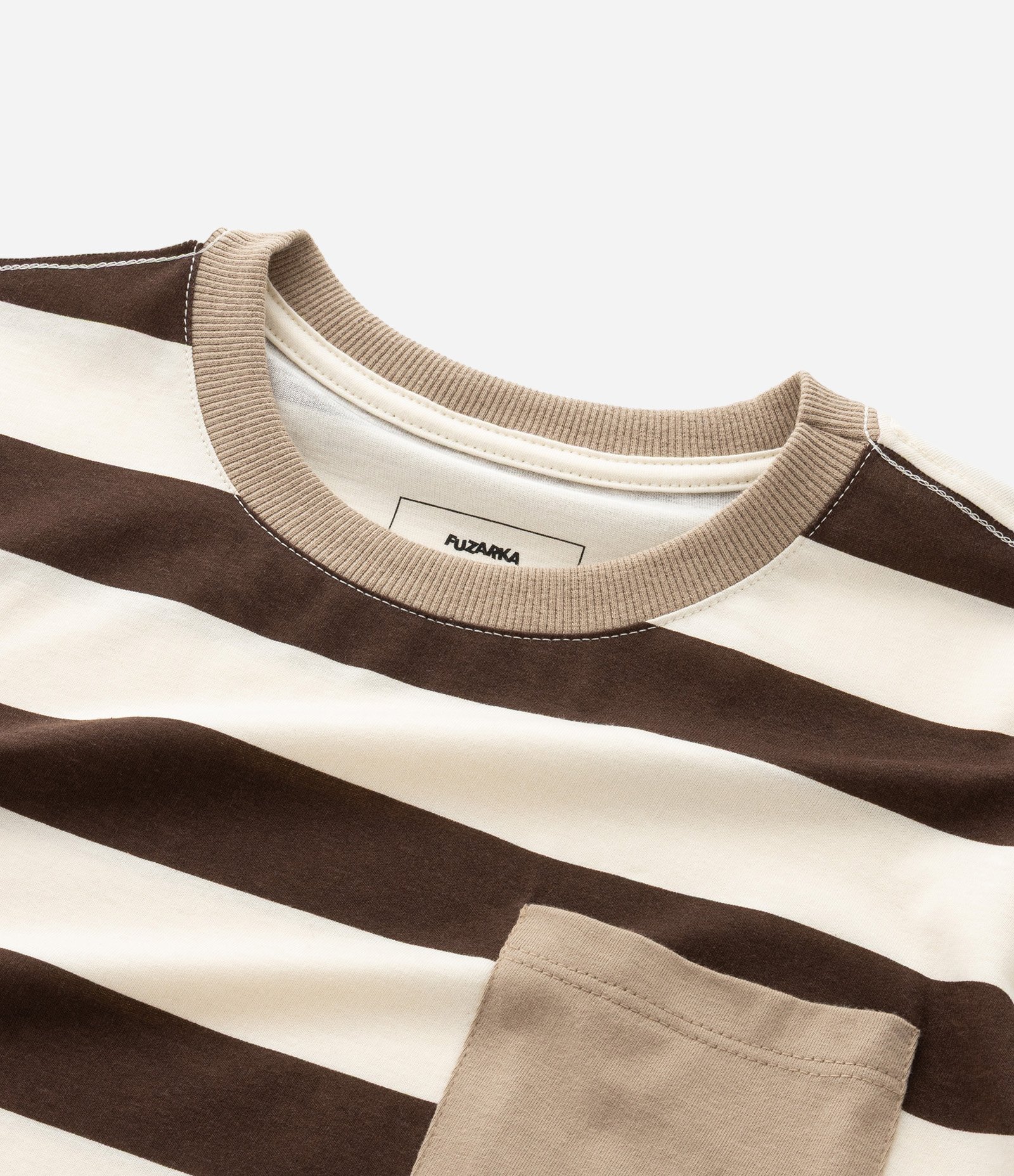 Camiseta Infantil Regular com Estampa de Listras e Bolso - Tam 5 a 14 Anos Marrom/Bege 4