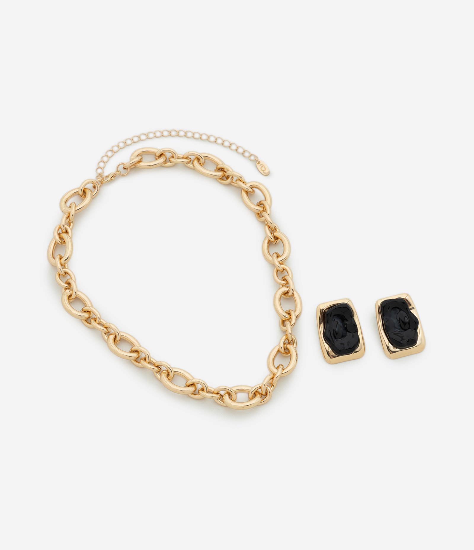 Conjunto de Colar Correntaria de Elos e Brincos com Resina Dourado 1