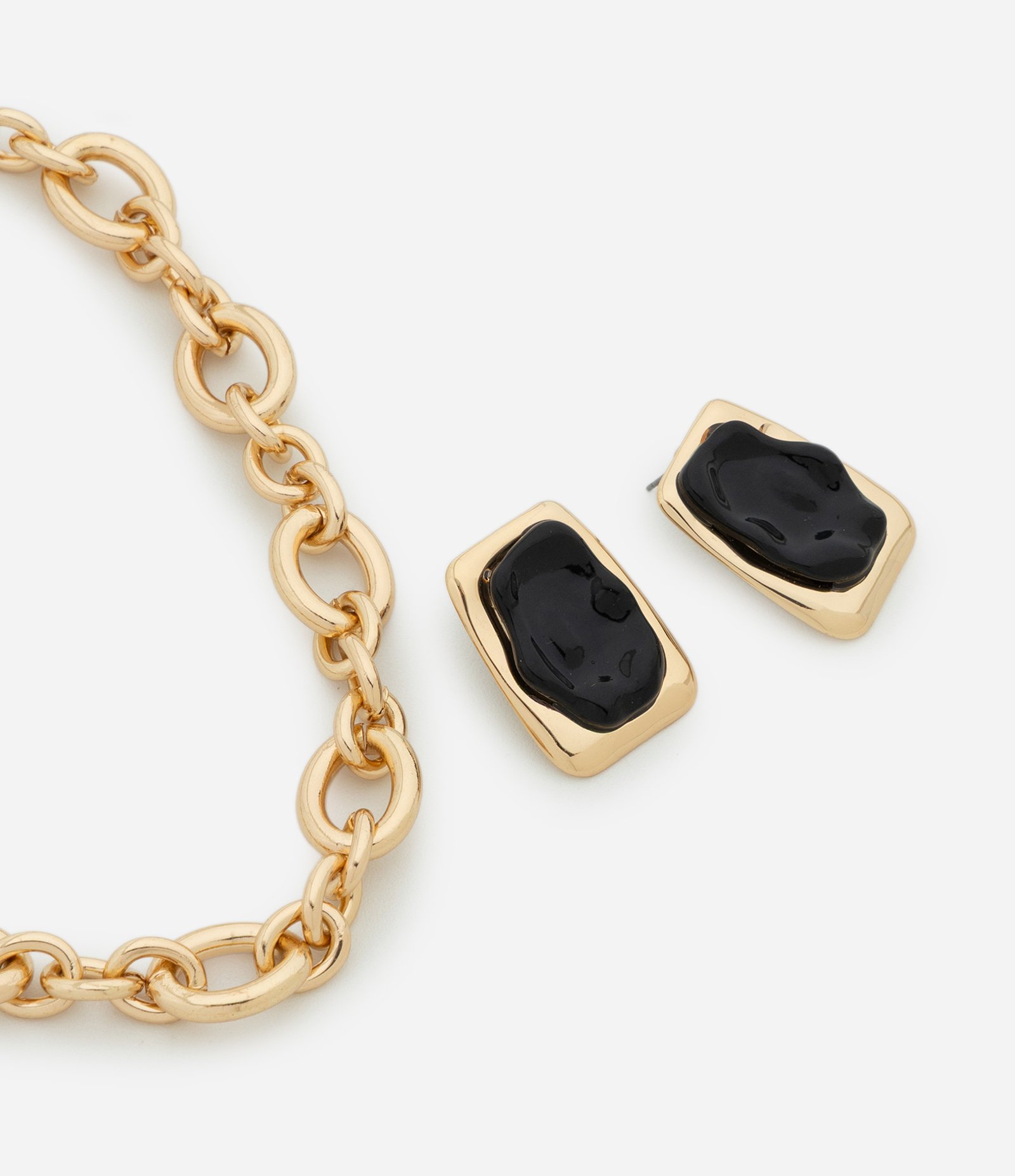 Conjunto de Colar Correntaria de Elos e Brincos com Resina Dourado 2