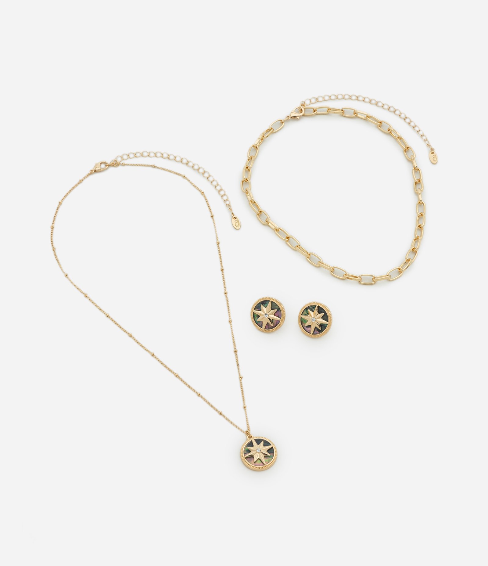 Conjunto de Colar Camadas e Brincos com Pingente Rosa dos Ventos Dourado 2