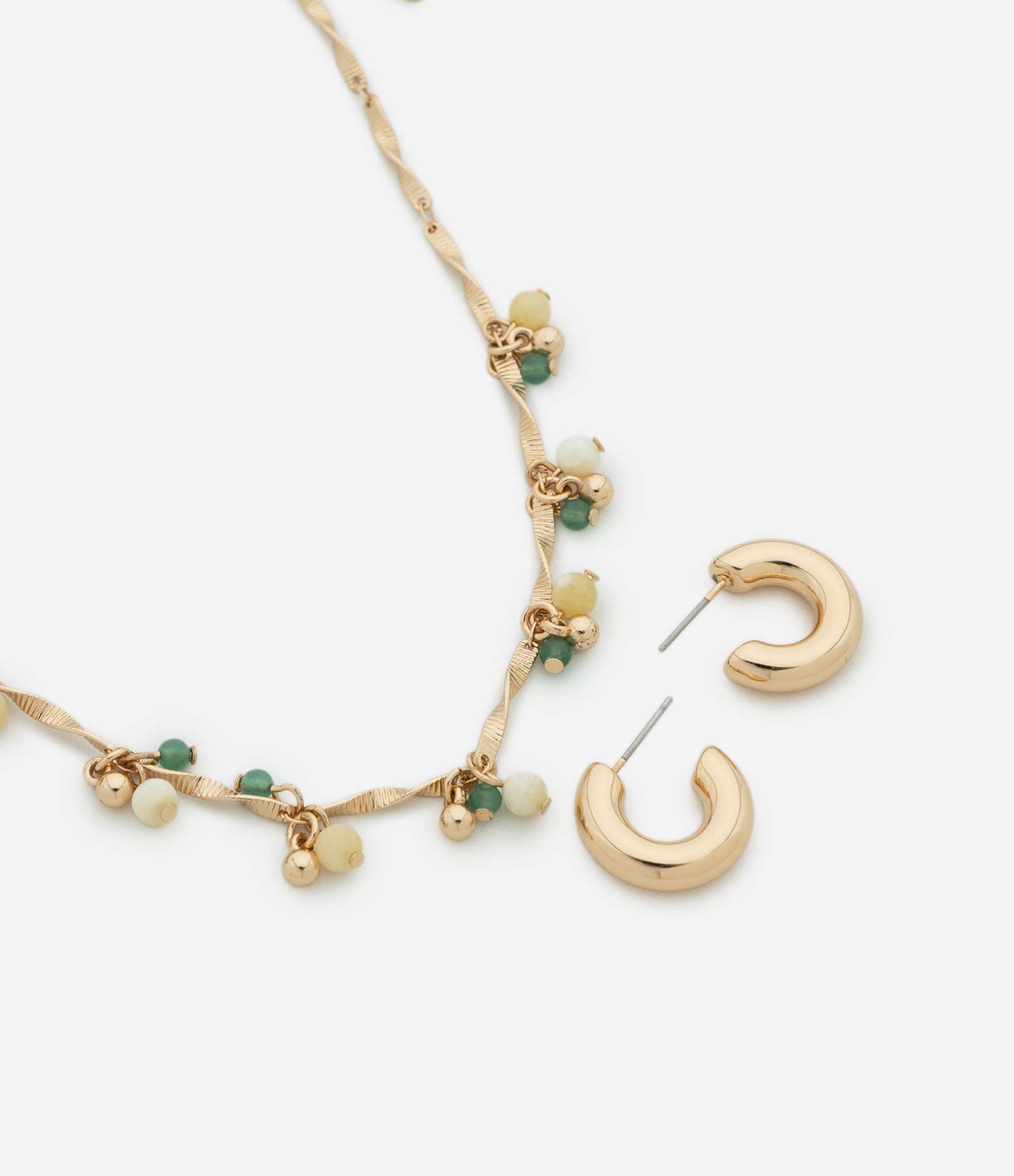 Conjunto de Colar com Enfeite Cascalho e Brincos Argola Dourado 1