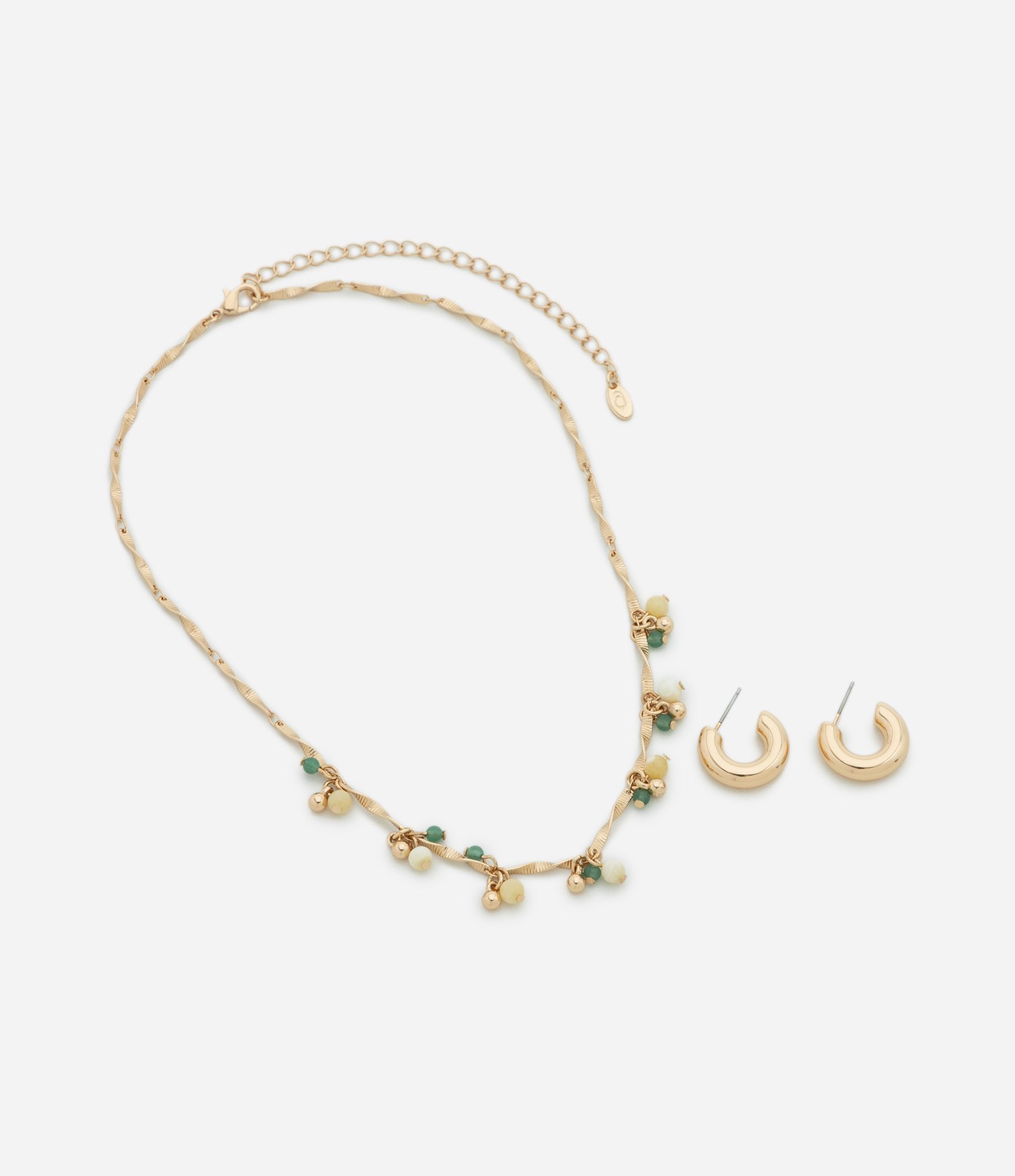 Conjunto de Colar com Enfeite Cascalho e Brincos Argola Dourado 2