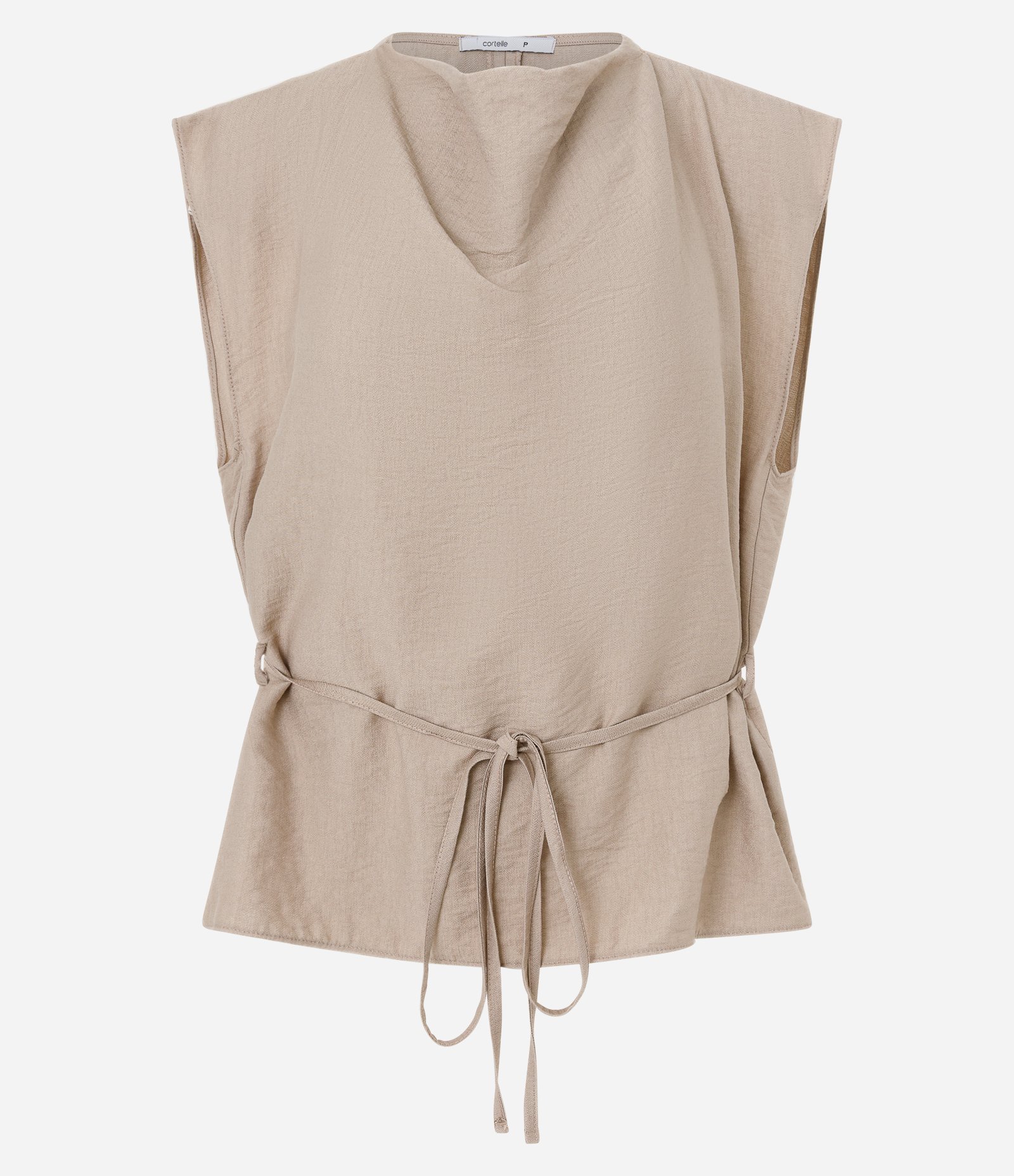 Blusa Manga Curta em Crepe com Decote Degagê e Amarração Bege 1