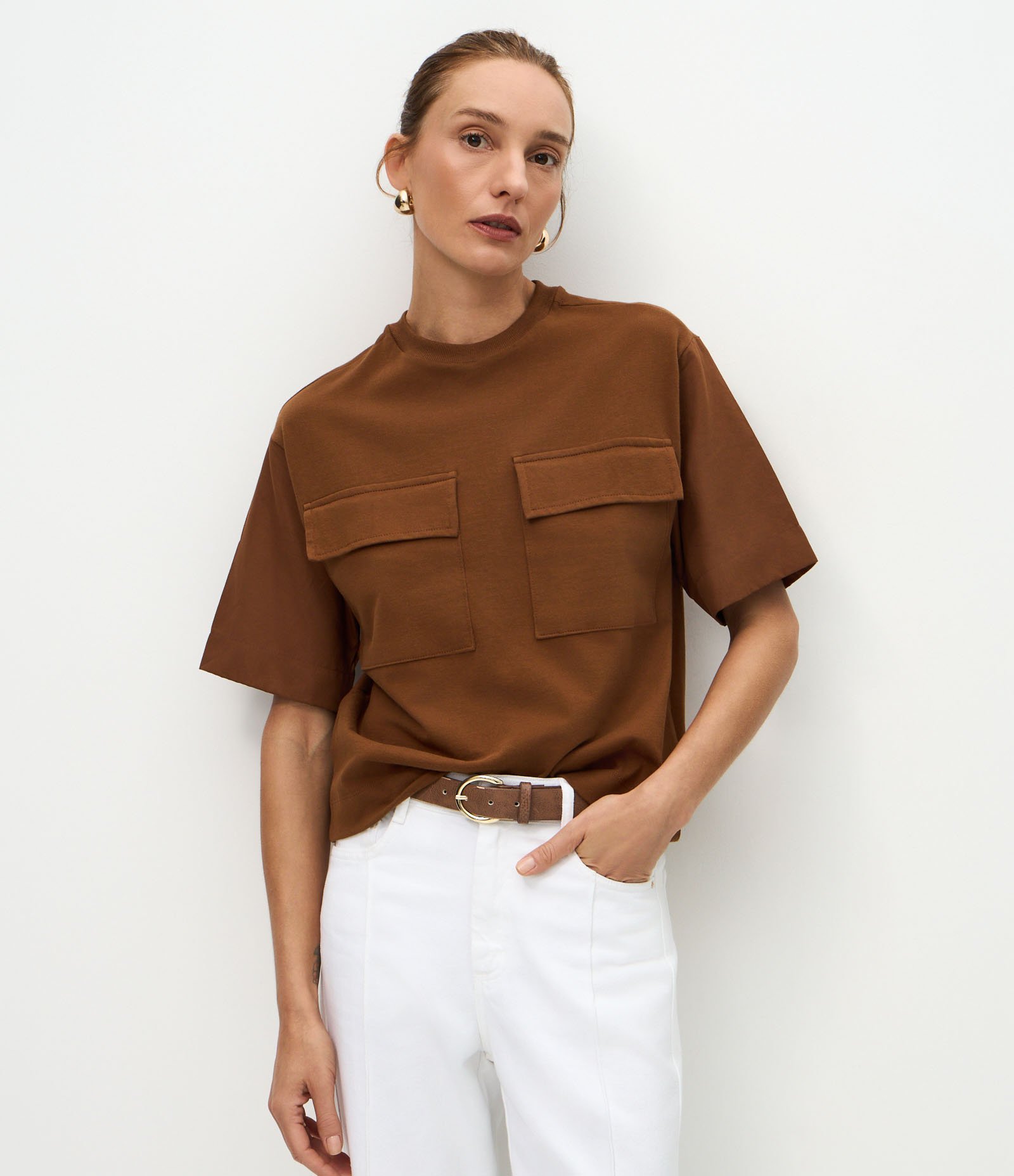 Blusa Boxy em Algodão com Bolsos Cargo Alfaiatados Marrom 1