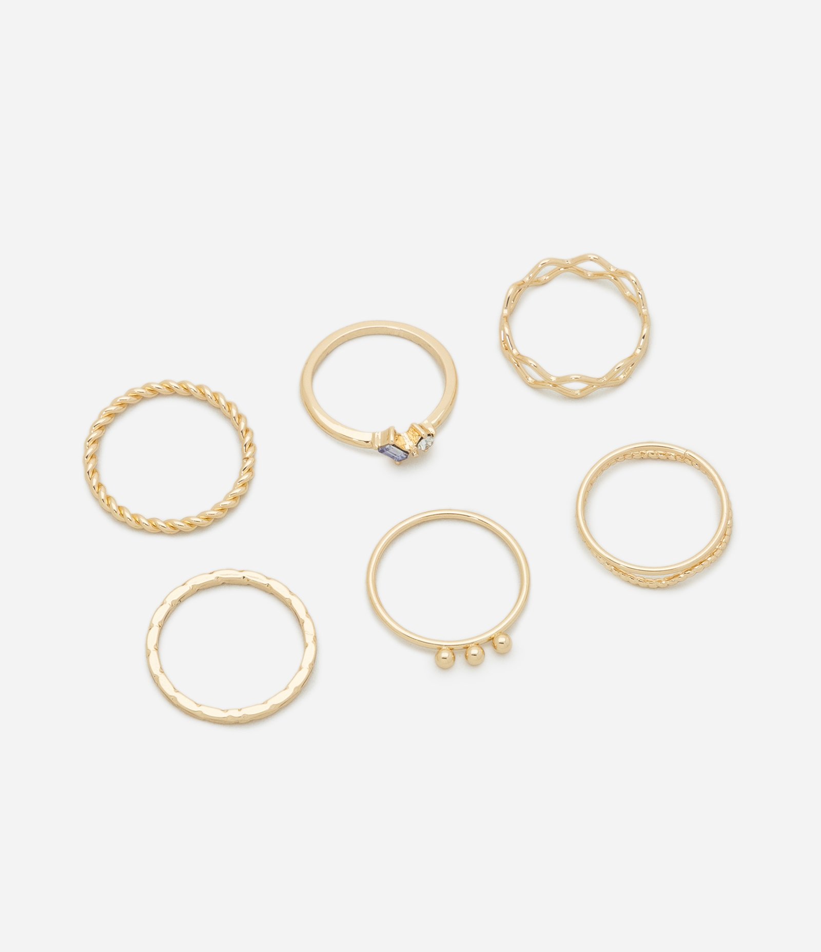 Kit 06 Anéis Delicados com Strass e Texturas Dourado 1