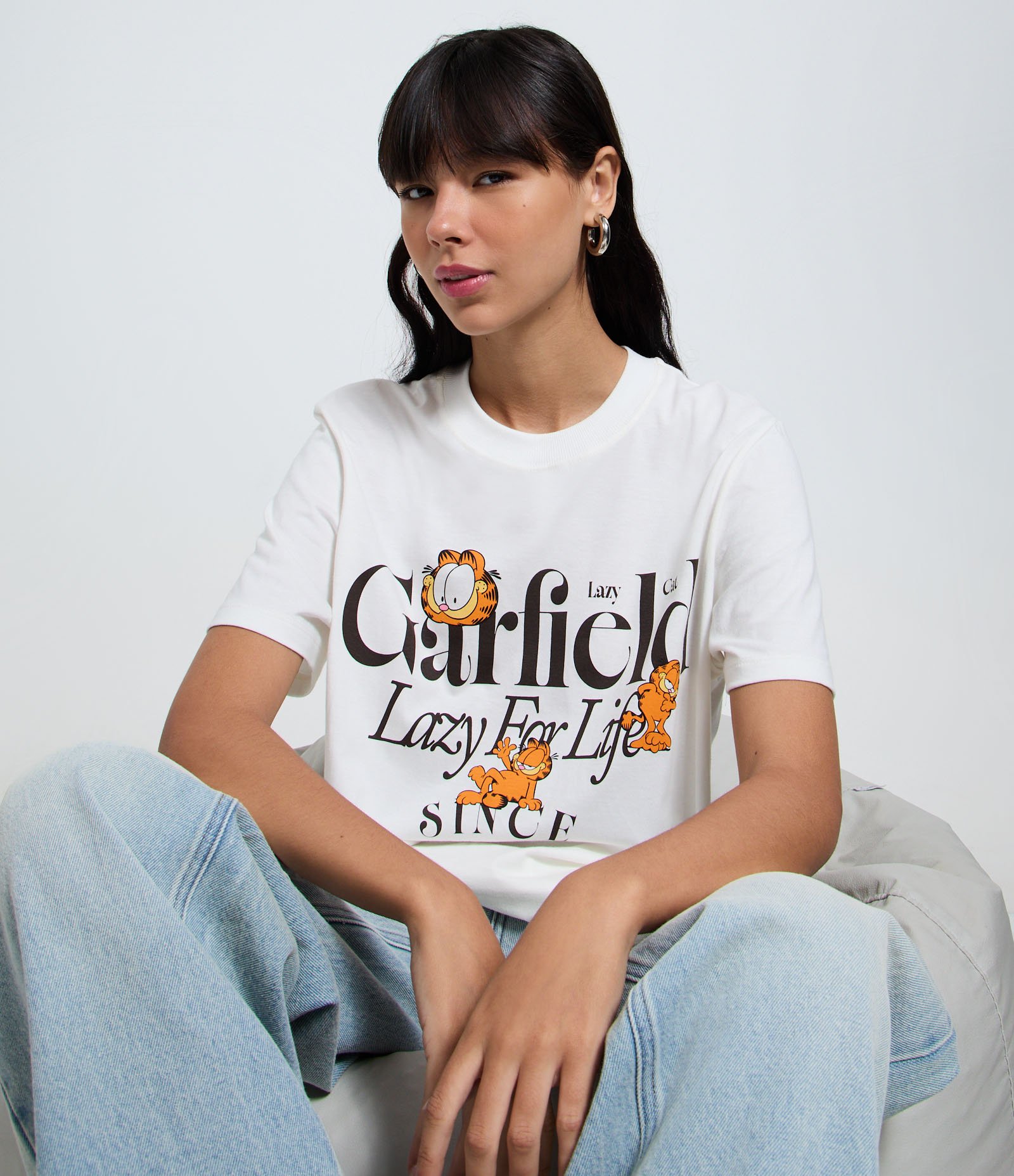 Camiseta em Algodão com Estampa e Lettering Garfield Branco 1