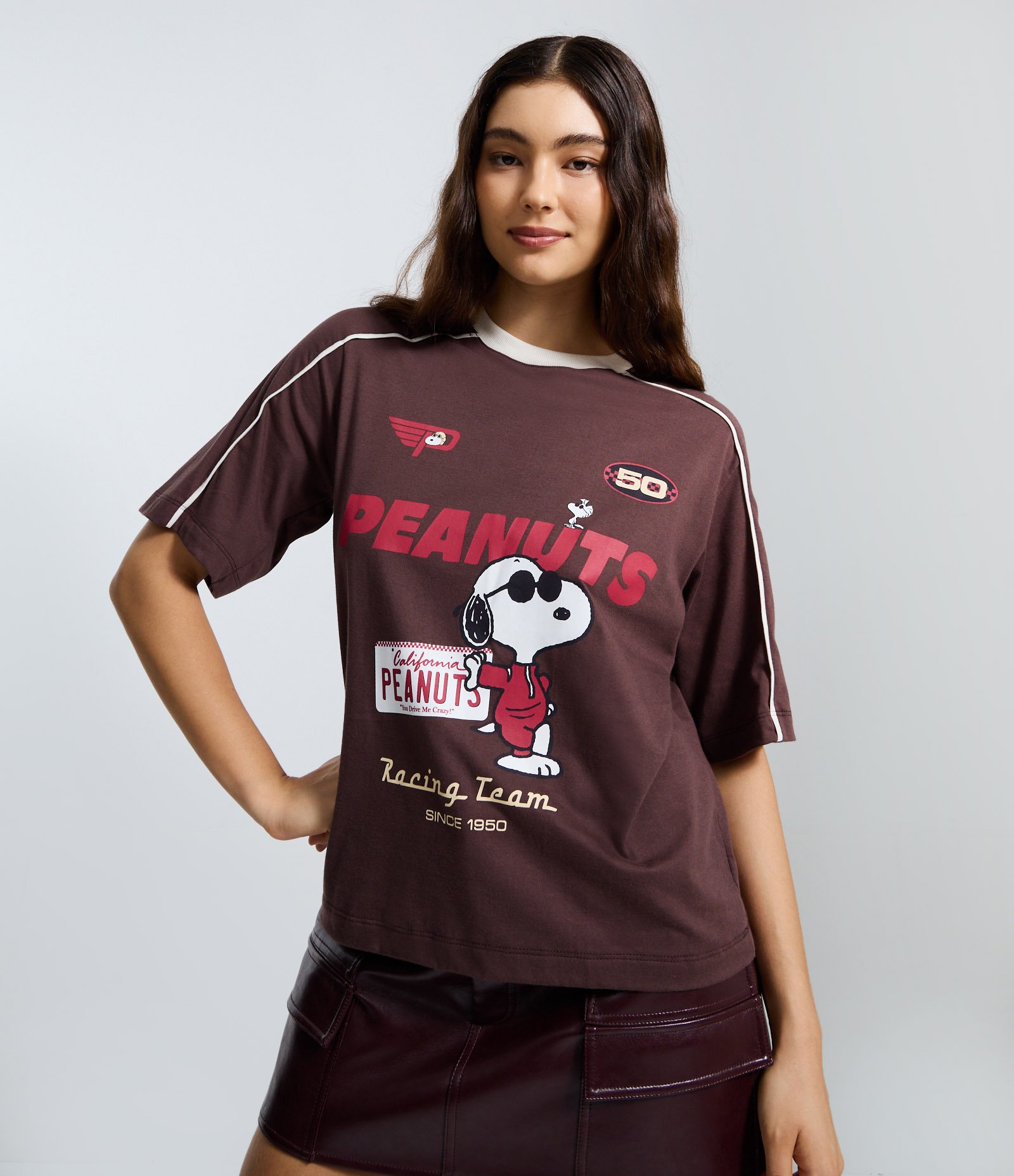 Camiseta em Algodão com Estampa Snoopy Racer Marrom 1