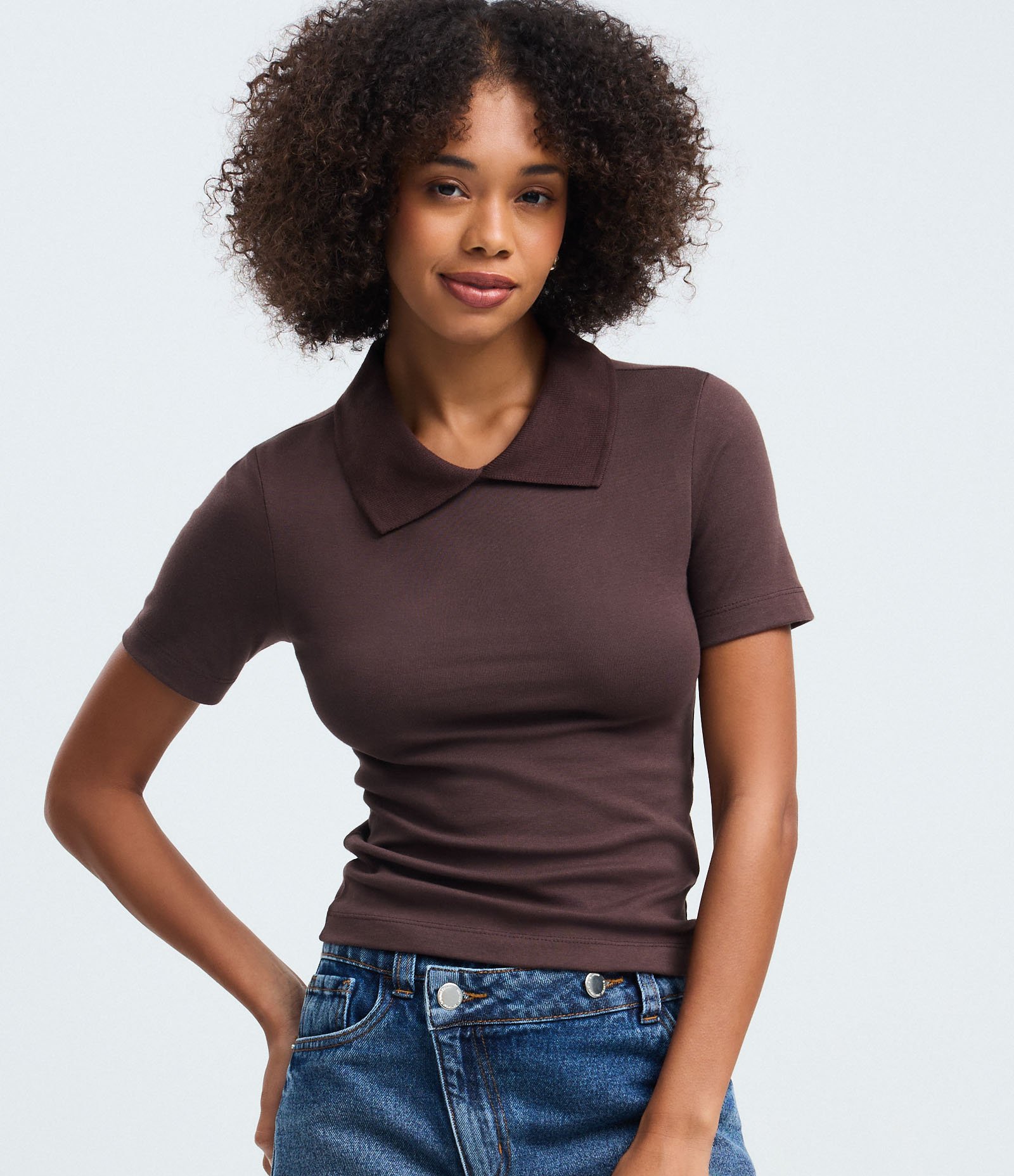Blusa Básica Manga Curta com Gola Polo Marrom 1