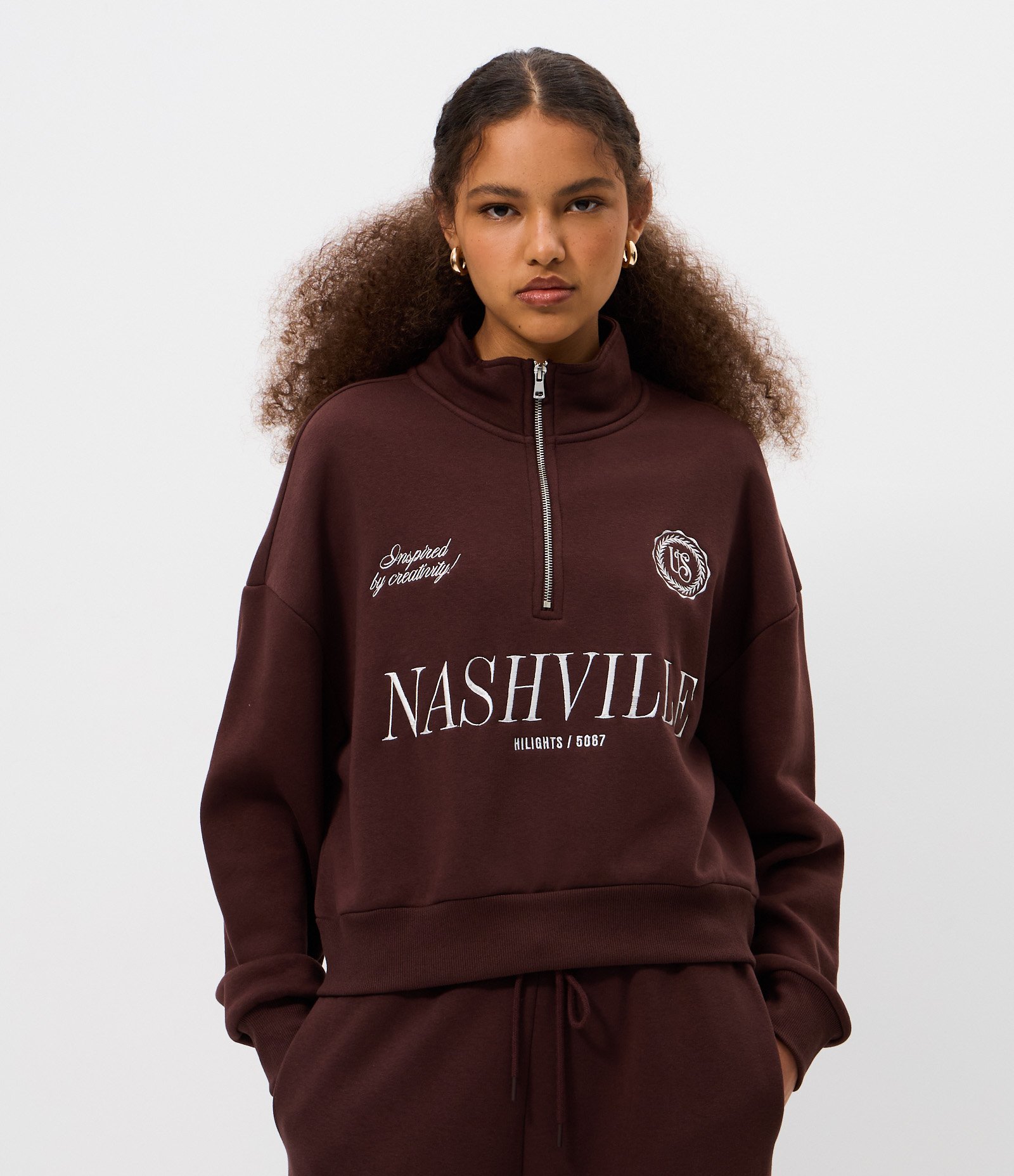 Moletom com Half Zíper e Lettering Nashville Marrom 1