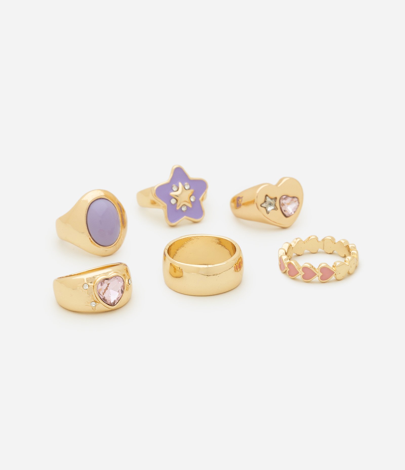 Kit 06 Anéis Esmaltados com Formatos Variados Dourado 2