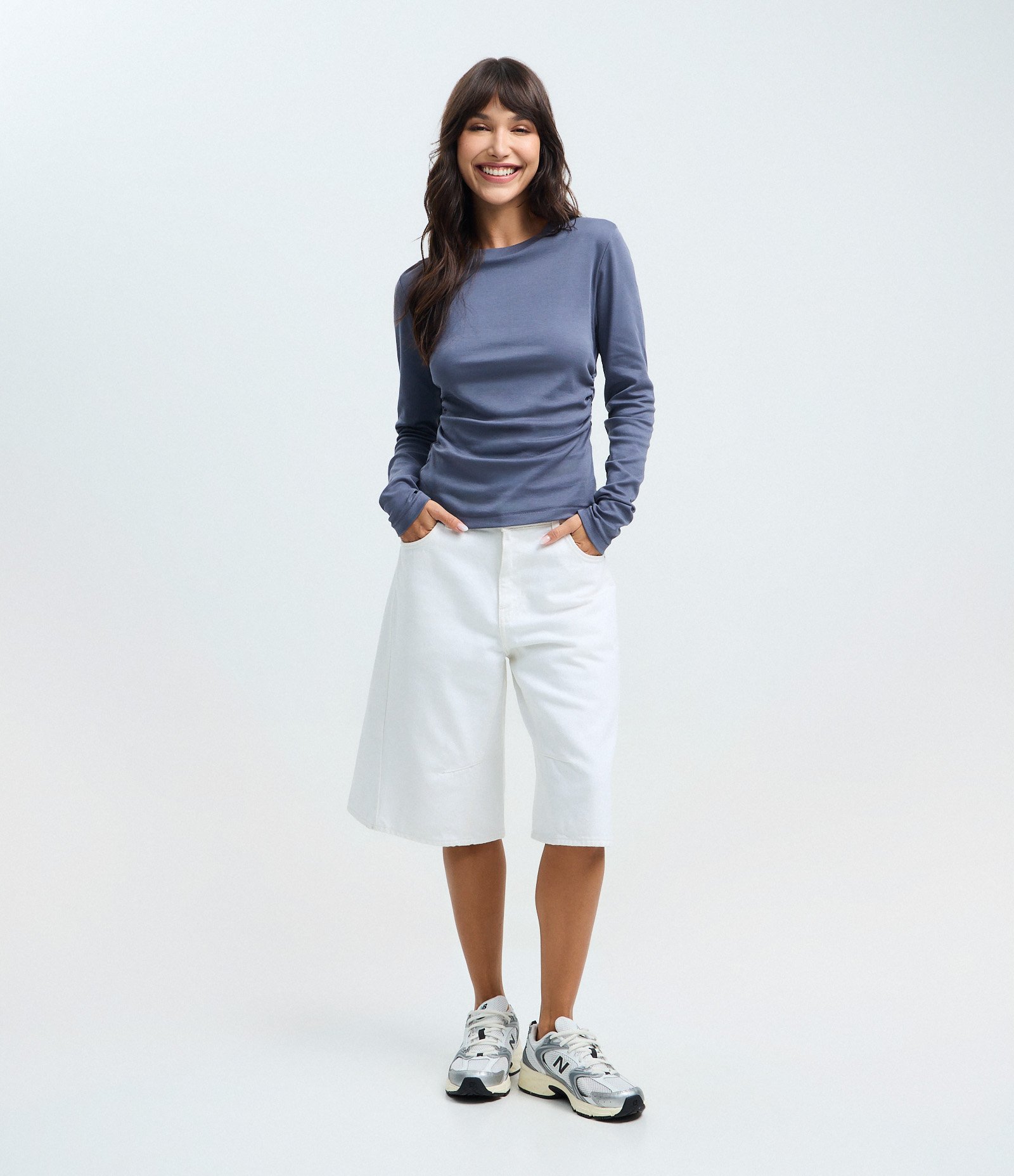 Blusa Manga Longa com Franzido na Cintura em Algodão Peruano Azul 2