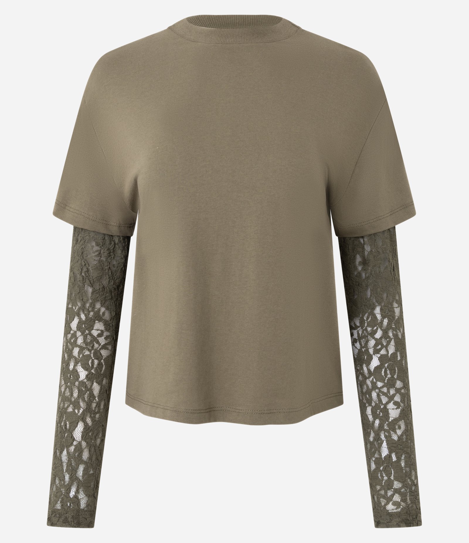 Camiseta com Manga Longa em Renda Sobreposta Verde 1