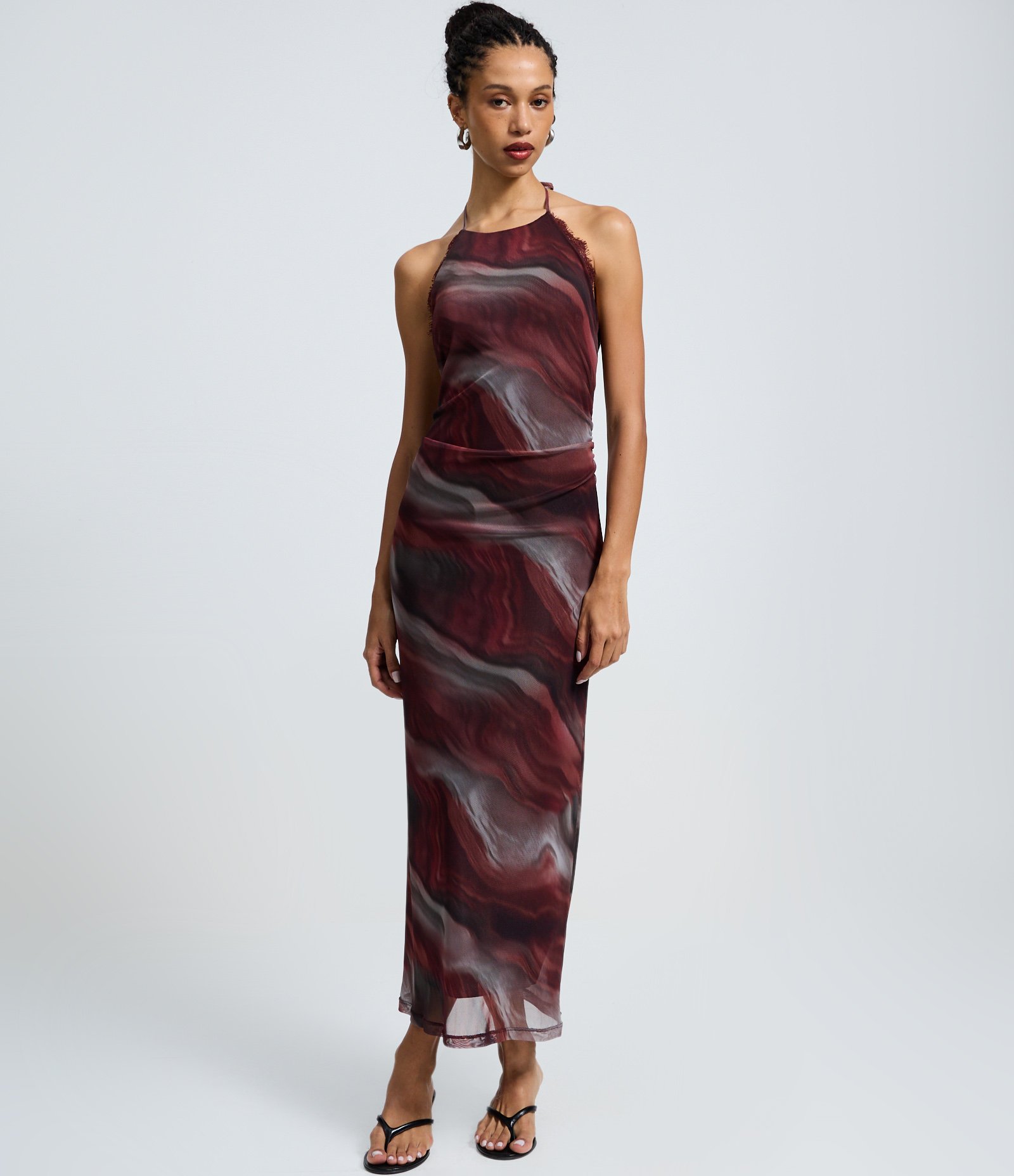 Vestido Midi Frente Única em Tule com Estampa Efeito Manchado Marrom 2