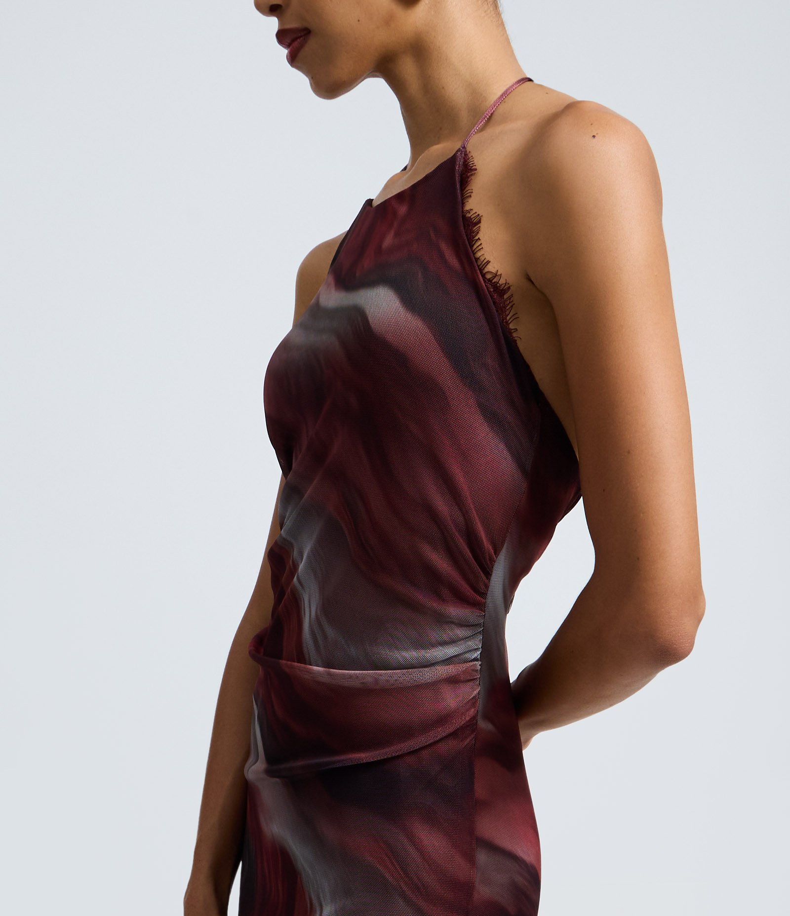 Vestido Midi Frente Única em Tule com Estampa Efeito Manchado Marrom 3