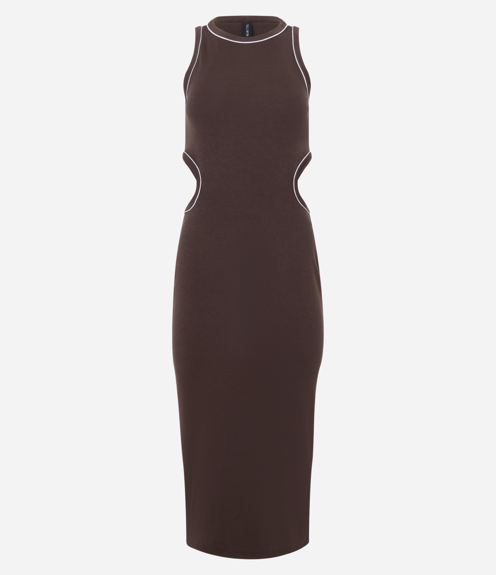 Vestido New Midi em Ribana com Cut Out na Cintura e Viés Contrastante Marrom 5