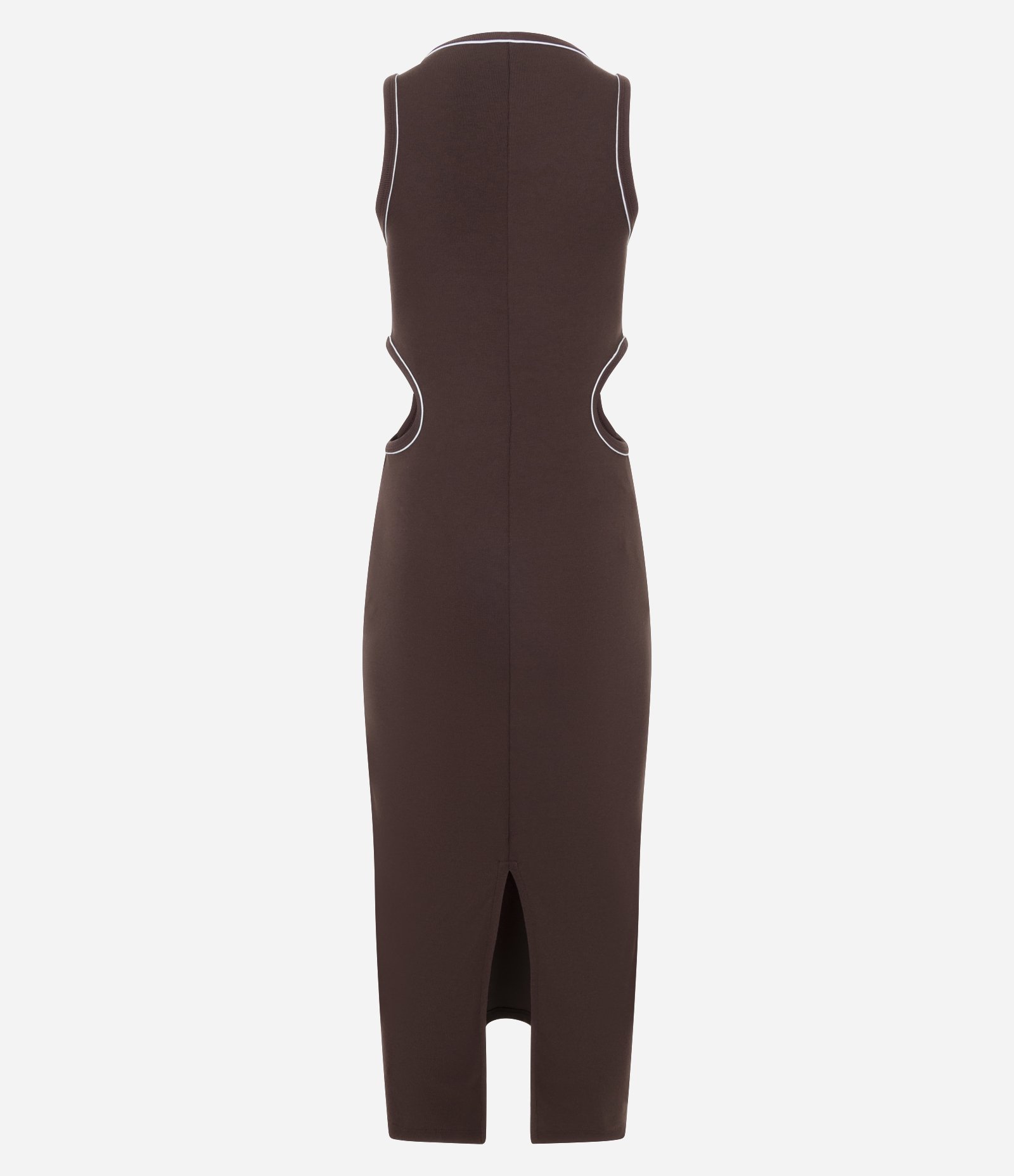 Vestido New Midi em Ribana com Cut Out na Cintura e Viés Contrastante Marrom 7