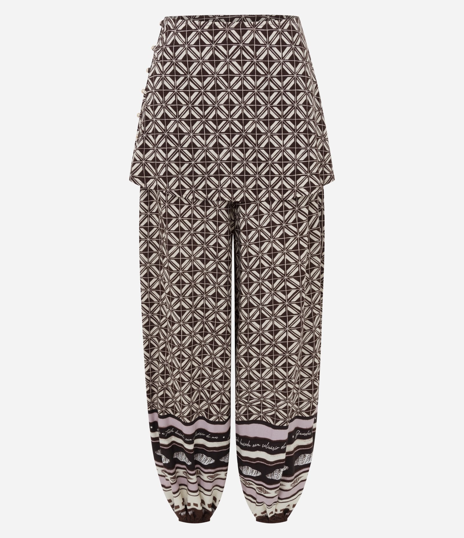 Calça Estampada em Viscose com Sobreposição de Saia Marrom 6